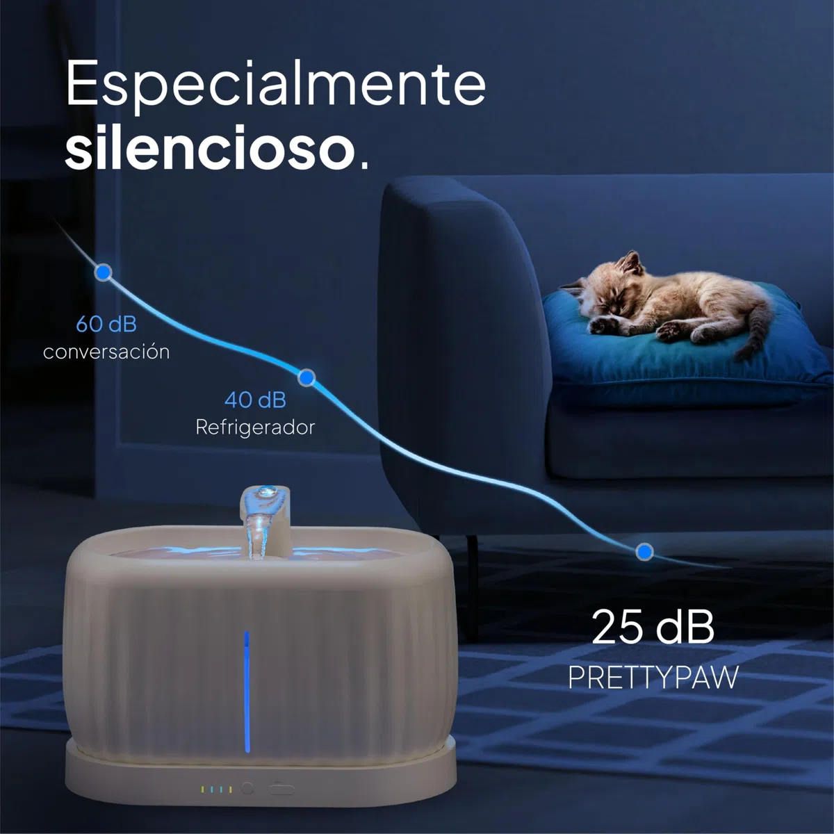 Pretty Paw Fuente de Agua para Gatos Inalámbrica 3L con Sensor de Movimiento - Batería Recargable USB, Bomba Silenciosa, Filtro Integrado - Pure Flow MAX (Beige)