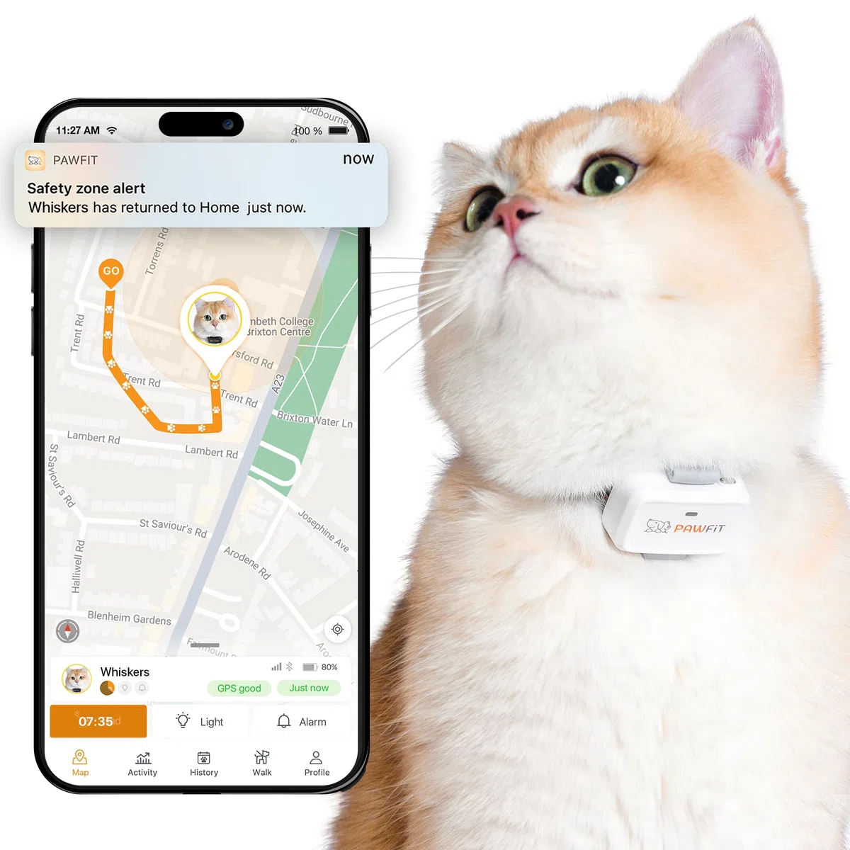 Pawfit Lite for Cats - Rastreador GPS 4g | Seguimiento en tiempo real | Monitoreo de actividad | Historial de ubicaciones | Alcance ilimitado | Collar de seguridad incluido | Simplemente blanco
