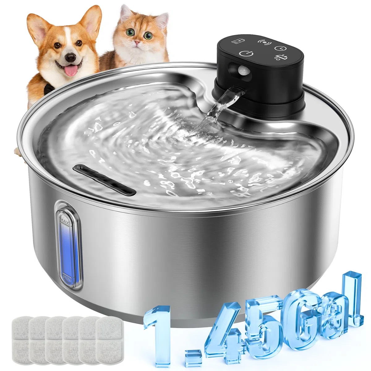 Fuente de agua para perros y gatos, 5,5 L, acero inoxidable, inalámbrica (6 filtros) | Batería de 5000 mAh con detector de movimiento, bomba de agua silenciosa, Scharzer