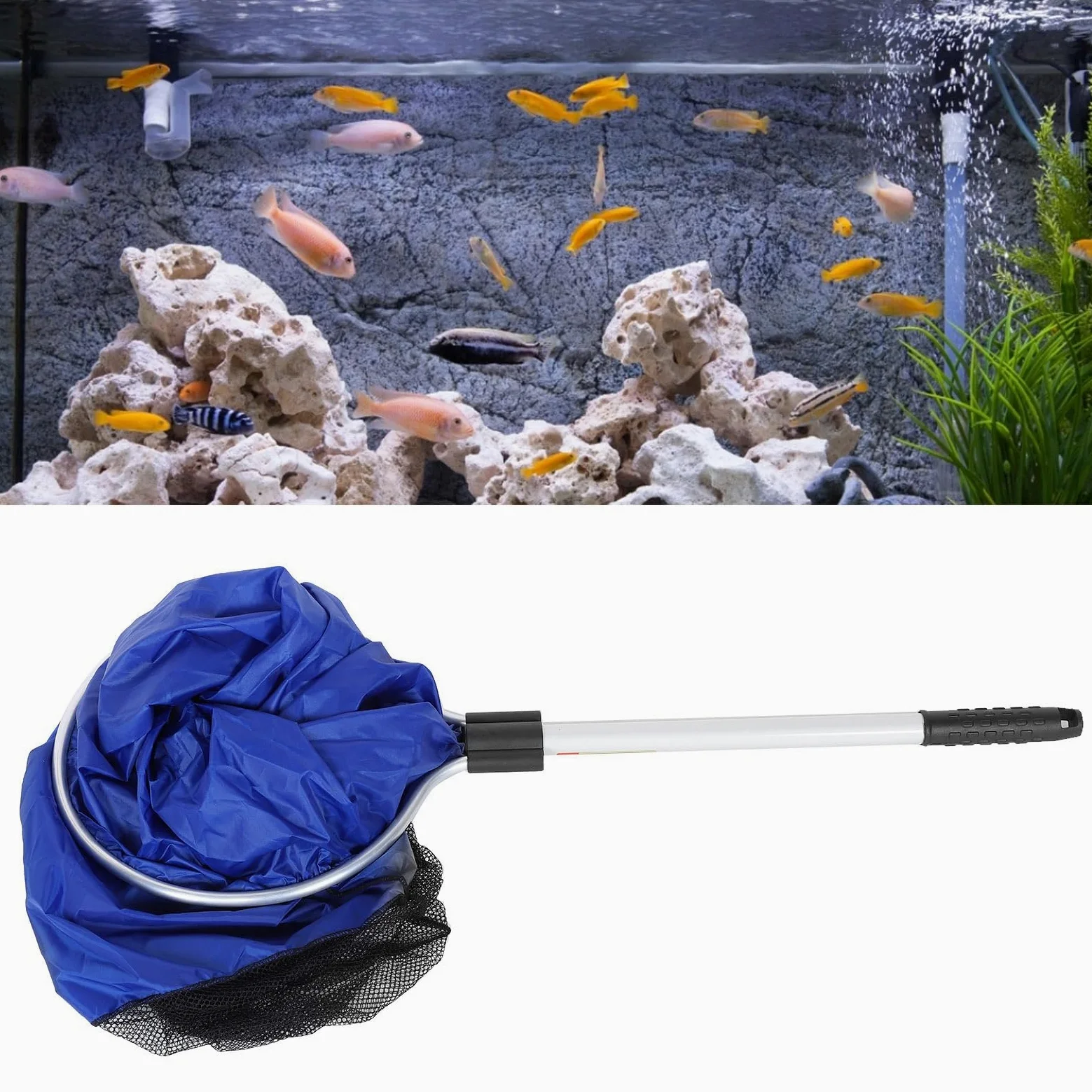 Red de Pesca Suave Impermeable para Acuario, Cesta Larga de Malla Transferencia Koi para Peces Medianos y Grandes, Herramienta Captura Peces Suave Pecera, Aleación Aluminio Duradero