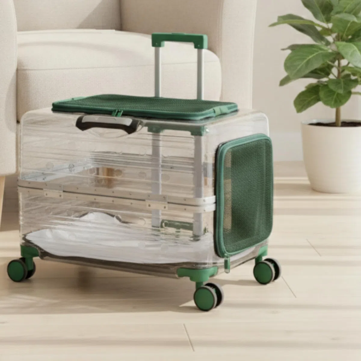 Transportín Transparente con Ruedas Rígido Transportín con Ruedas Ventilado Maleta Transportadora para Gatos, Perros Pequeños, Negro Transparente