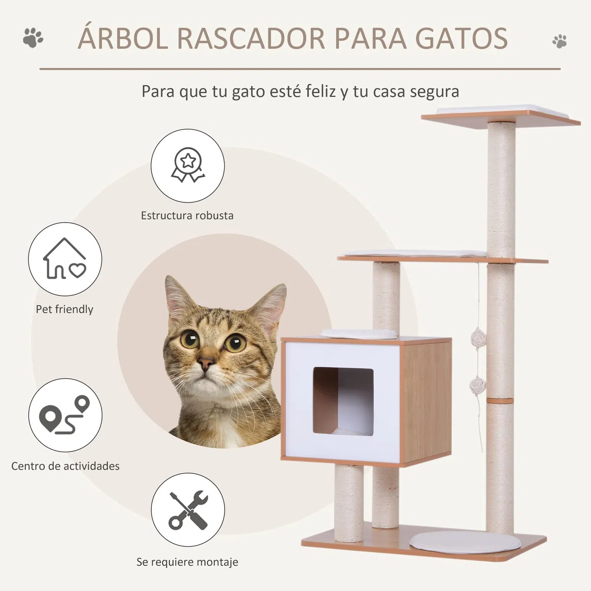 PawHut Árbol Rascador para Gatos Torre de Gato 71,5x49,5x120 cm Natural | de Madera, con Cueva, Plataformas, Postes Rascadores de Sisal, Cojines de Felpa Suave, Bolas Colgantes