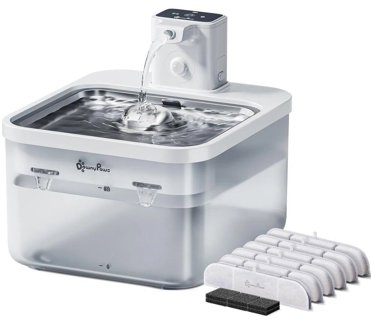 DownyPaws Fuente para Gatos Sin Cable, 2.5L Bebedero gato con Sensor de Movimiento, Fuente Agua Gato Inalámbrica, Batería 4000mAh, Bomba de Agua Silenciosa y Bandeja de Acero Inox, Blanco con 6 Filtro