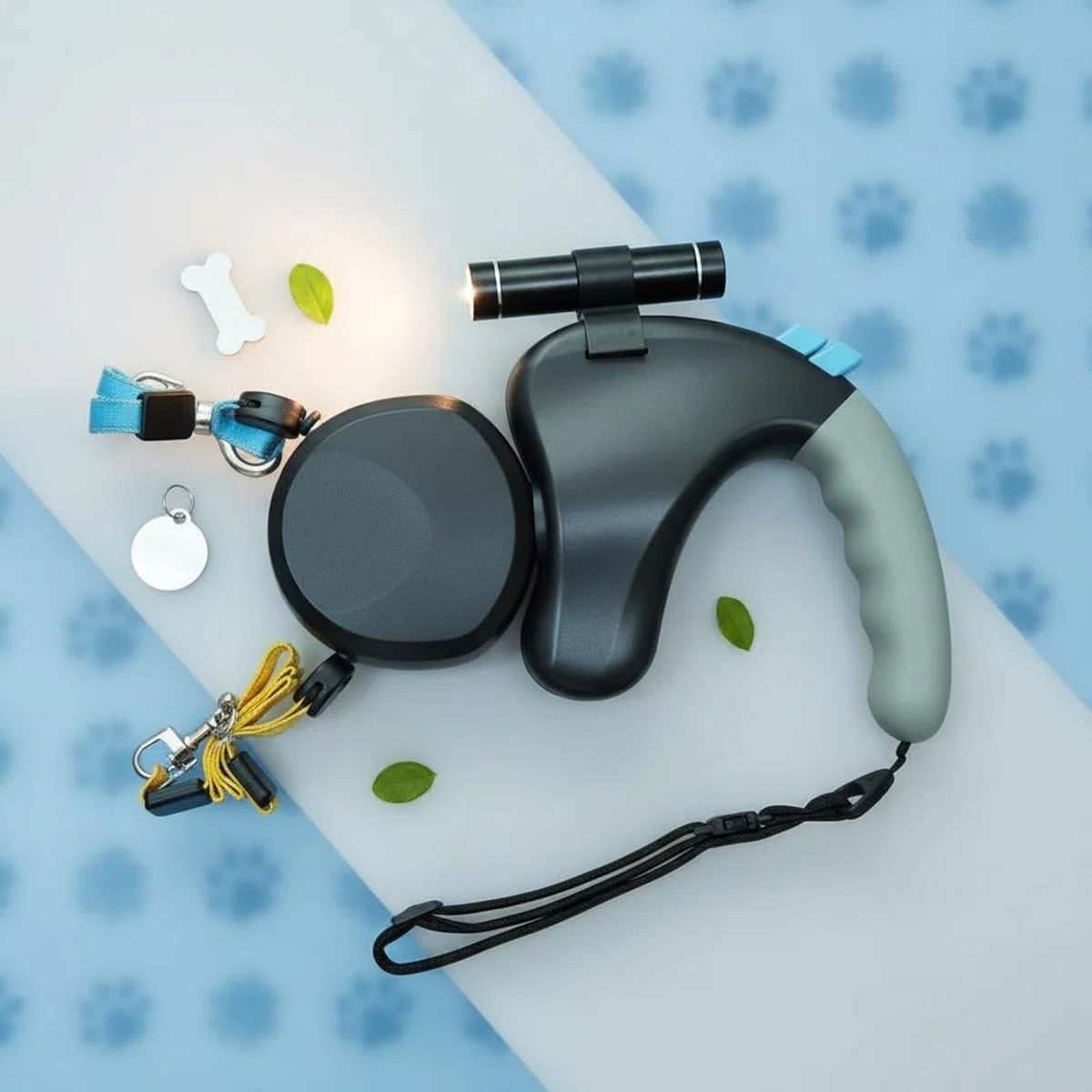 Correa Doble para Perros Correa Retráctil Doble Correa Bifurcada Correa Extensible con Rotación Completa 360 Grados Linterna Desmontable y Empuñadura, Gris