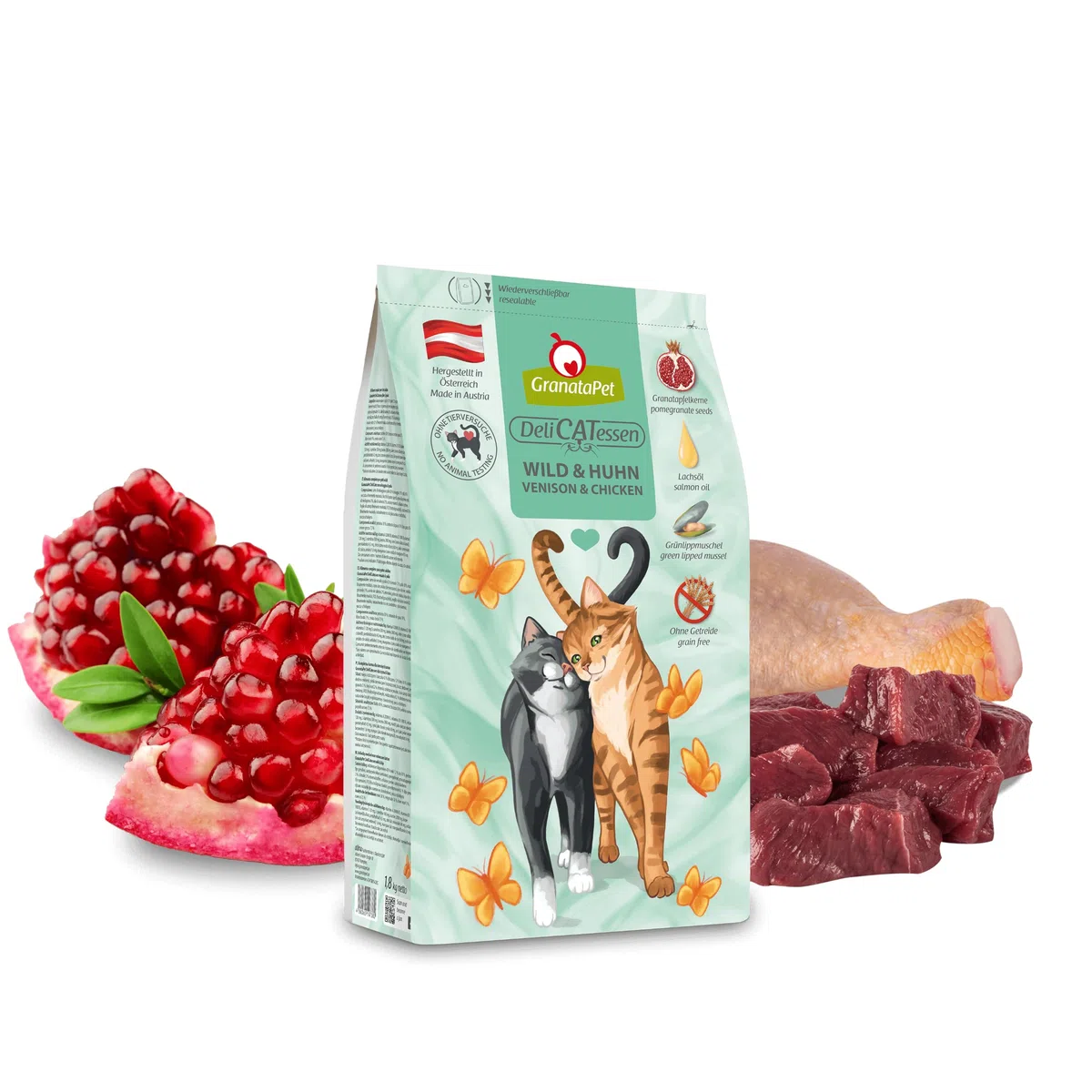 GranataPet Delicatessen Wild & Huhn Adult, alimento seco para Gatos, Sabroso alimento para Gatos, alimento Completo sin Cereales y sin azúcares, 9 kg | Pienso completo, sin cereales, sin azúcar, taurina, aceite de salmón y mejillón de labios verdes, fabri