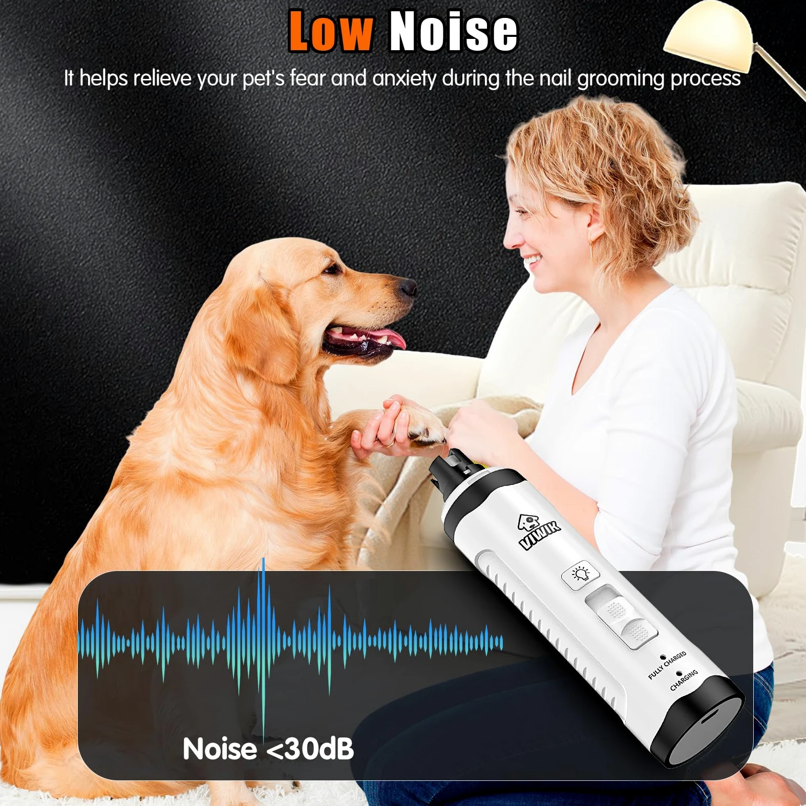 VIWIK Molinillo de uñas para Perros con cortaúñas para Perros, Kit de cortaúñas para Perros y Gatos Grandes, medianos y pequeños, silencioso, eléctrico, de 2 velocidades, Recargable por USB, con luz