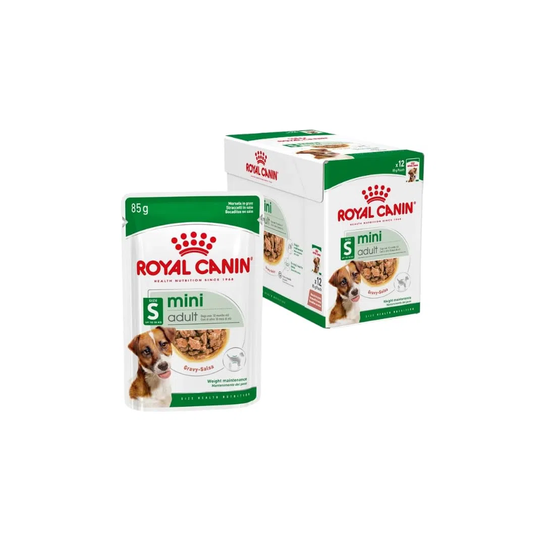 Royal Canin Mini Adult en Salsa | Pack de 4 | 4 x 12 x 85 g | Comida húmeda para Perros pequeños Adultos (de 1 a 10 kg) | De 10 Meses a 12 años | Contenido energético Ajustado