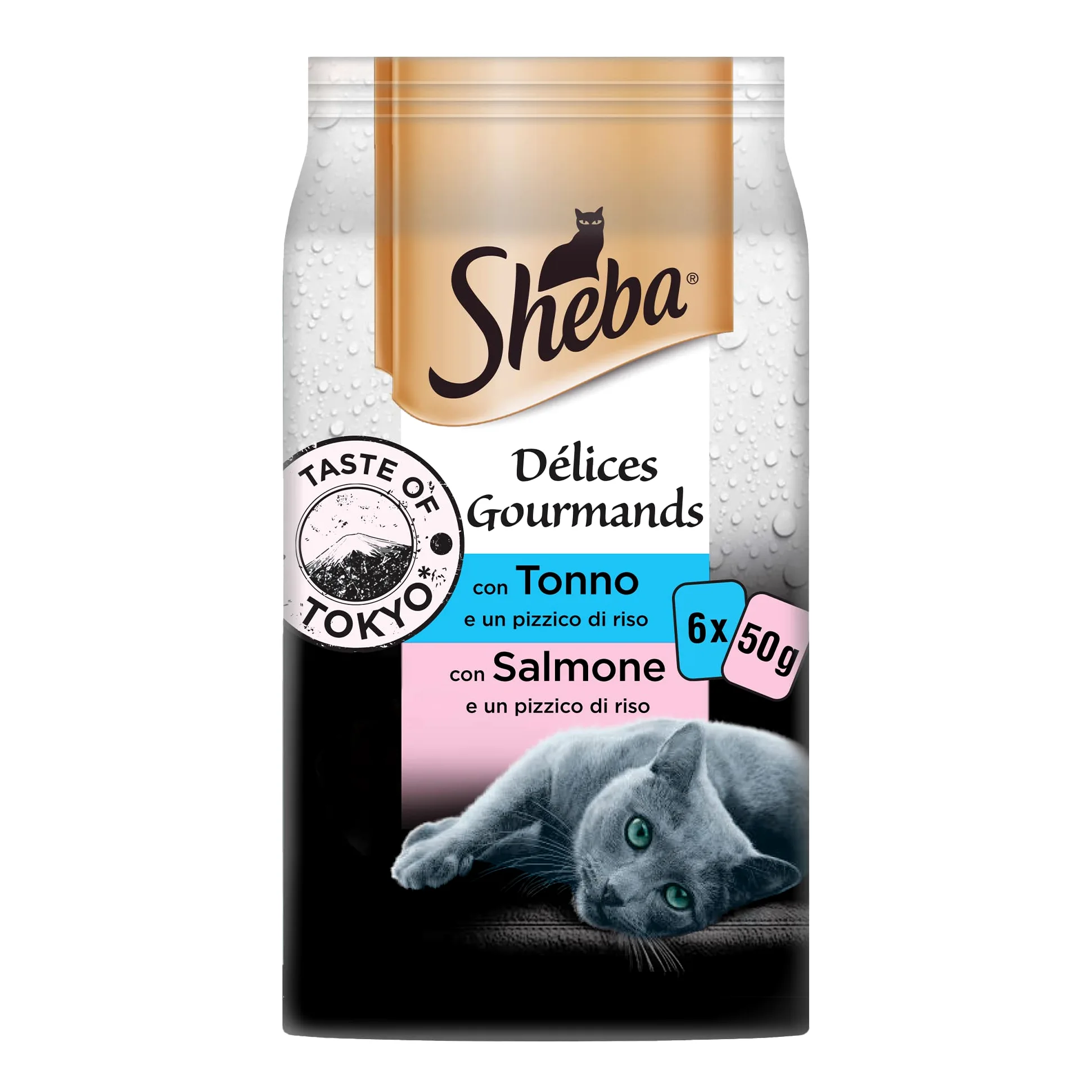 Sheba Délice Gourmands Tokio - Comida húmeda para Gatos con atún y salmón, 12 Paquetes con 6 Bolsas de 50 g, Total 72 bolsitas