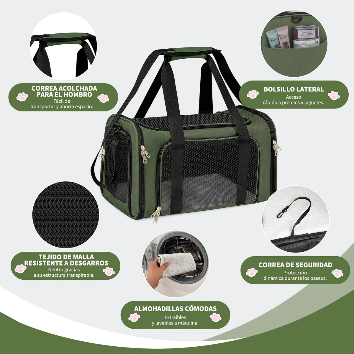 Transportin para Gatos, Transportin para Perros Bolsa, Bolsa Transpirable para Mascotas, Correa Ajustable, Colchon Suave, Soporta 8 kg, para Gatos y Cachorros (Verde, L 43 x A 28 x H 28 cm)
