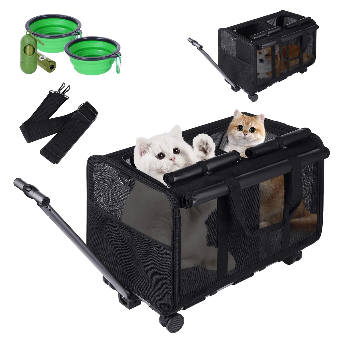 Portamascotas extragrande con dos compartimentos y ruedas desmontables para gato/perro, transportador plegable para 2 gatos, bolsa de viaje para paseo/camping (negro)