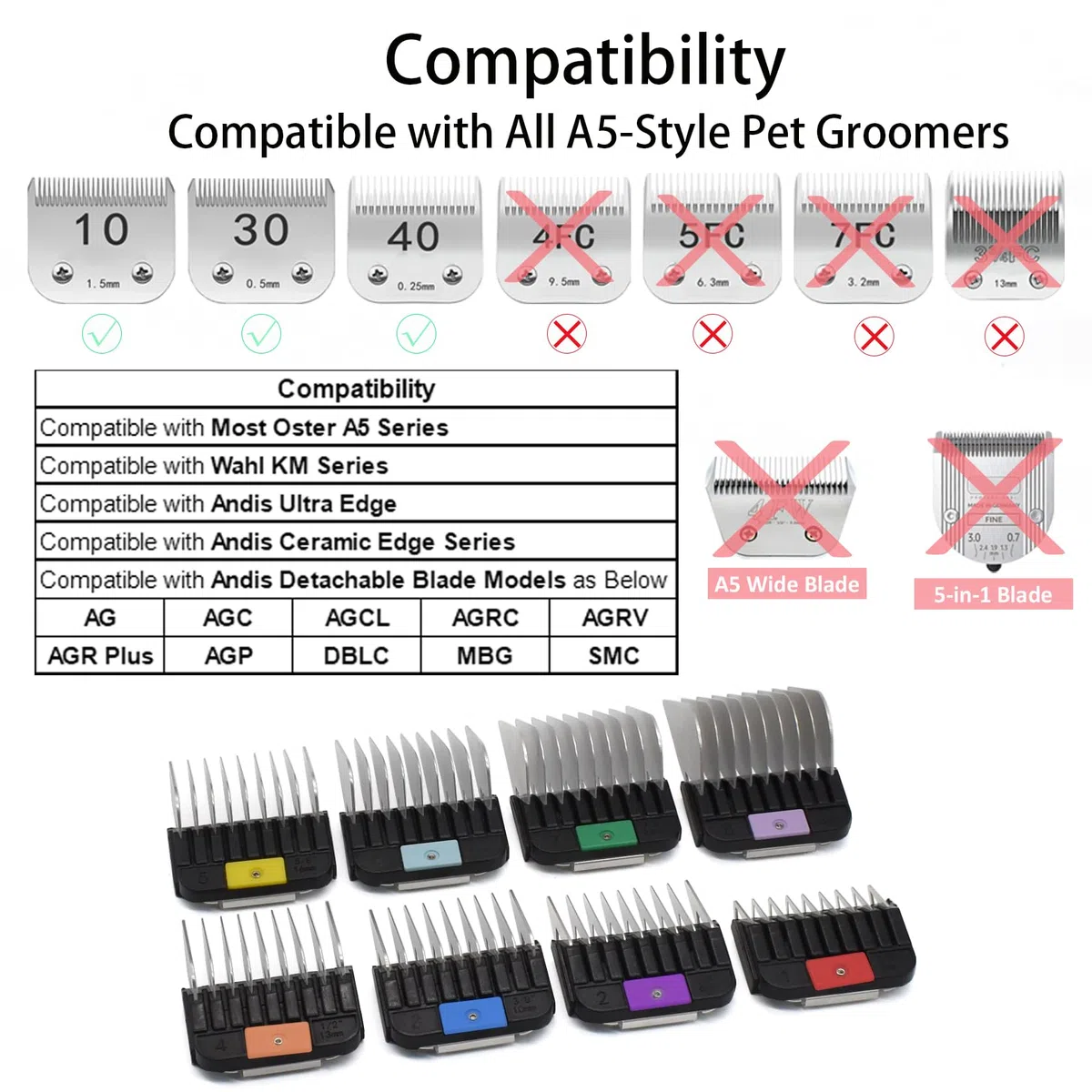 8 peines profesionales de acero inoxidable para animales para peluqueros de mascotas de hoja desmontable estilo A5, compatibles con cortaúñas Wahl KM Series Andis AG BG Oster Classic 76 A5 A6
