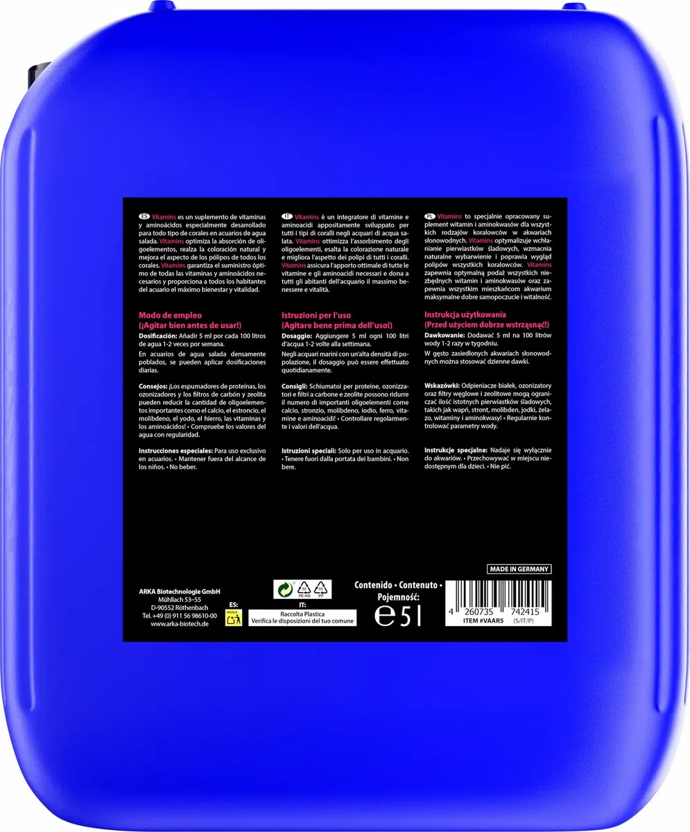 ARKA Vitamins - 5000 ml - Suplemento multivitamínico Incl. aminoácidos para Peces y corales, promueve la Salud y el Bienestar en el Acuario Marino.