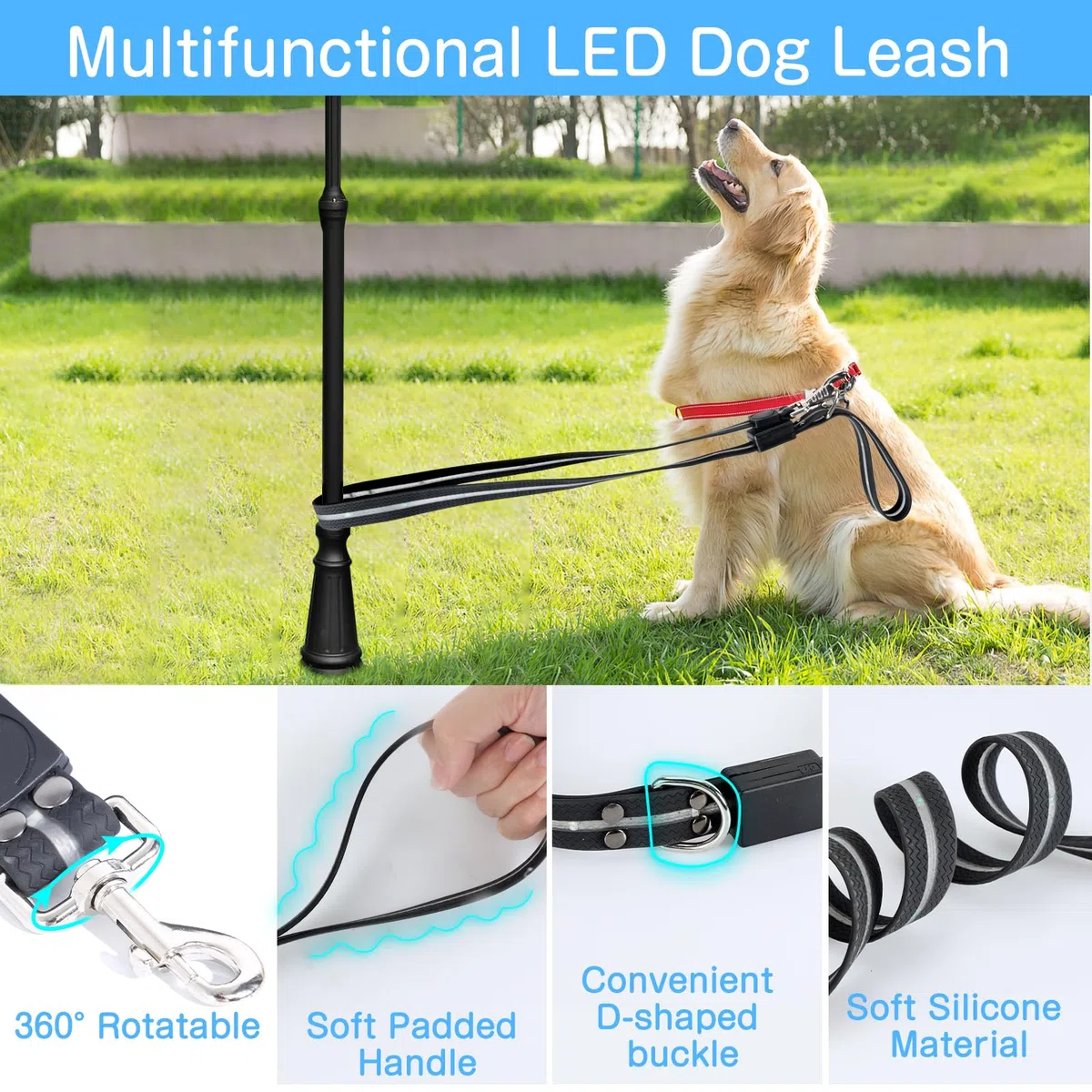 Correa LED para perro: 12 modos de iluminación, recargable, correa de perro iluminada de 4 pies para caminar por la noche, seguridad que brilla en la oscuridad, correa de silicona para perros