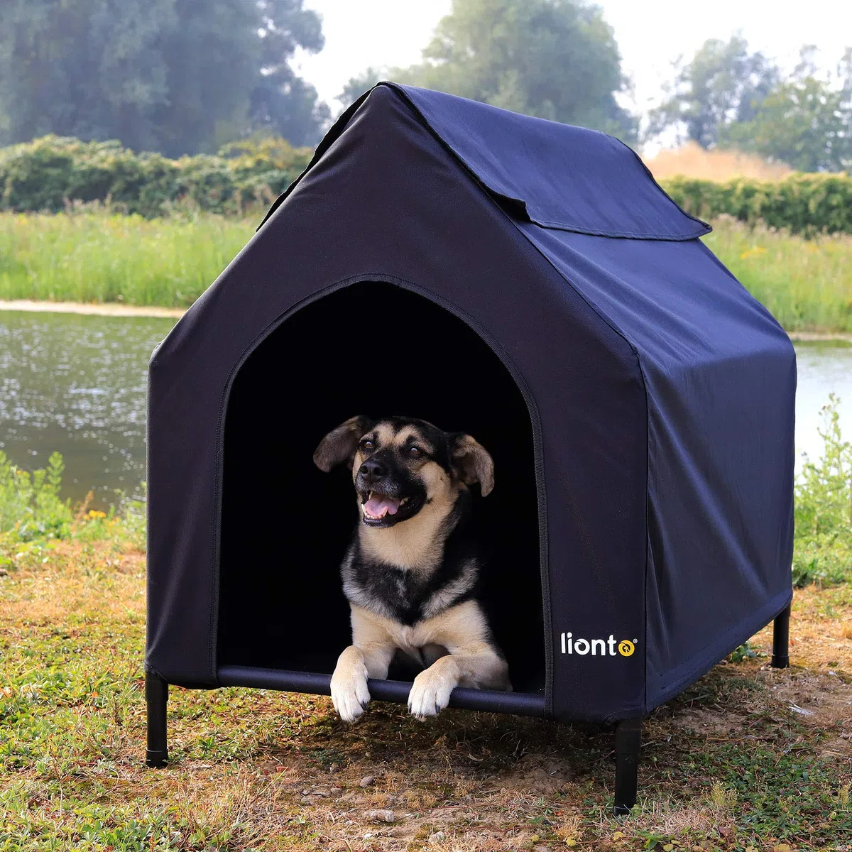 lionto Cama para Perros Cubierta Cama elevada con Techo para Perros, (S) 90x65x85 cm Negro