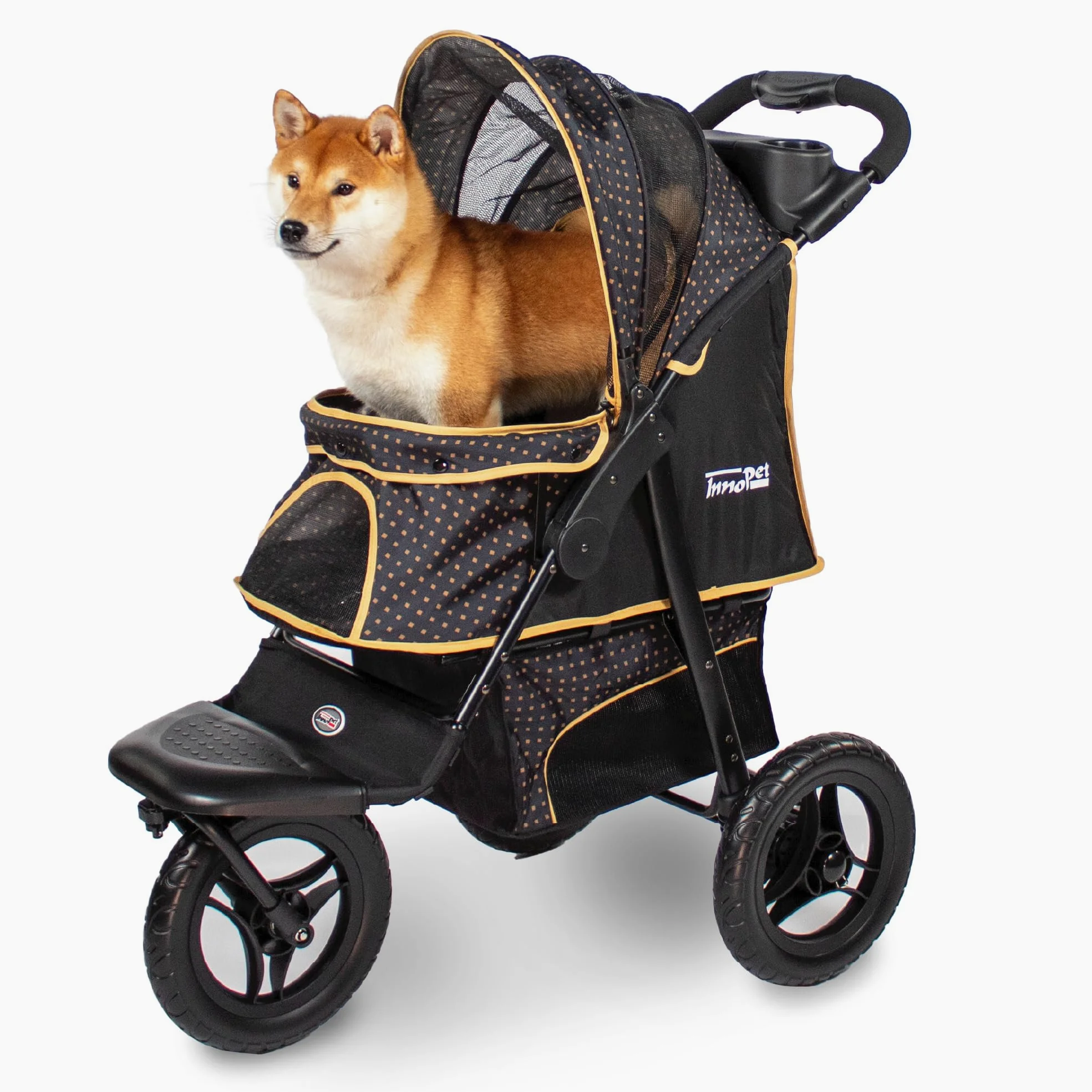 Innopet Adventure negro/amarillo - Cochecito todoterreno para perros hasta 30kg, ruedas EVA antipinchazos de 12”, plegado rápido, portavasos y cesta amplia