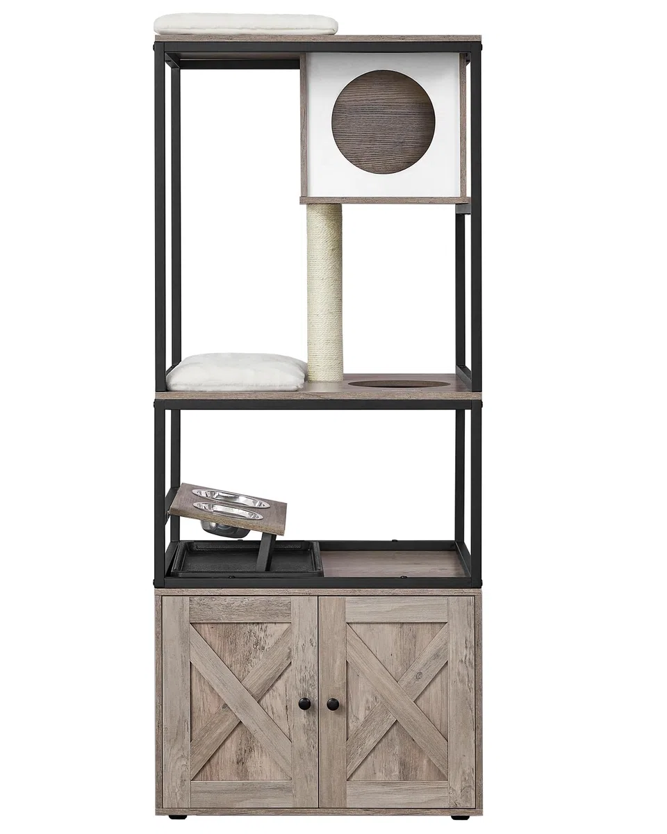 Feandrea Árbol para Gatos, Casa para Gatos con Mueble para Bandeja Higiénica, Soporte para Comedero Elevado, Tronco de Sisal, Cojines Lavables, Beige PCT312G01