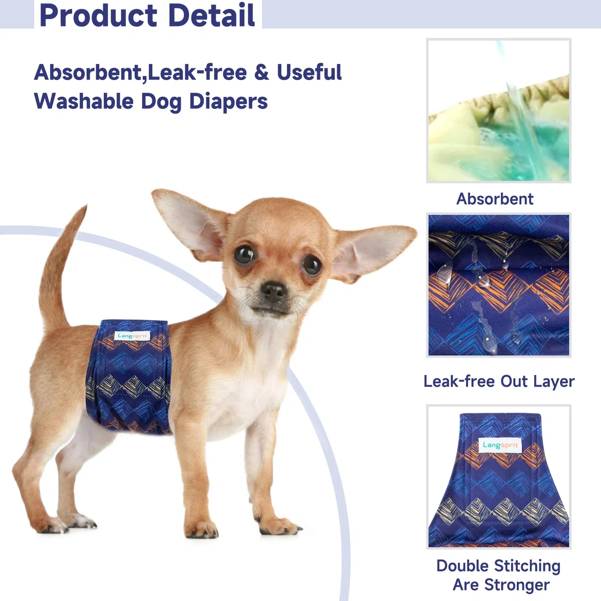 Langsprit Bandas para el vientre masculino para perros (paquete de 3) - Pañales para perros machos - Pañales de alta absorción lavables para perros machos - Pañales reutilizables para perros pequeños,