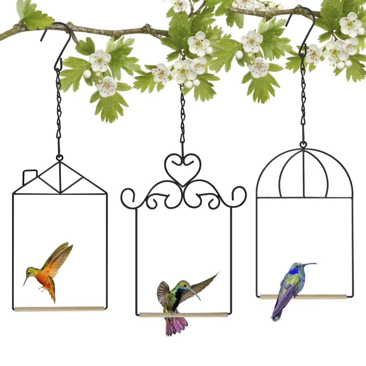 Columpios y perchas de metal para colibrí con clavija de madera, columpio para pájaros negros, para exteriores, 3 unidades