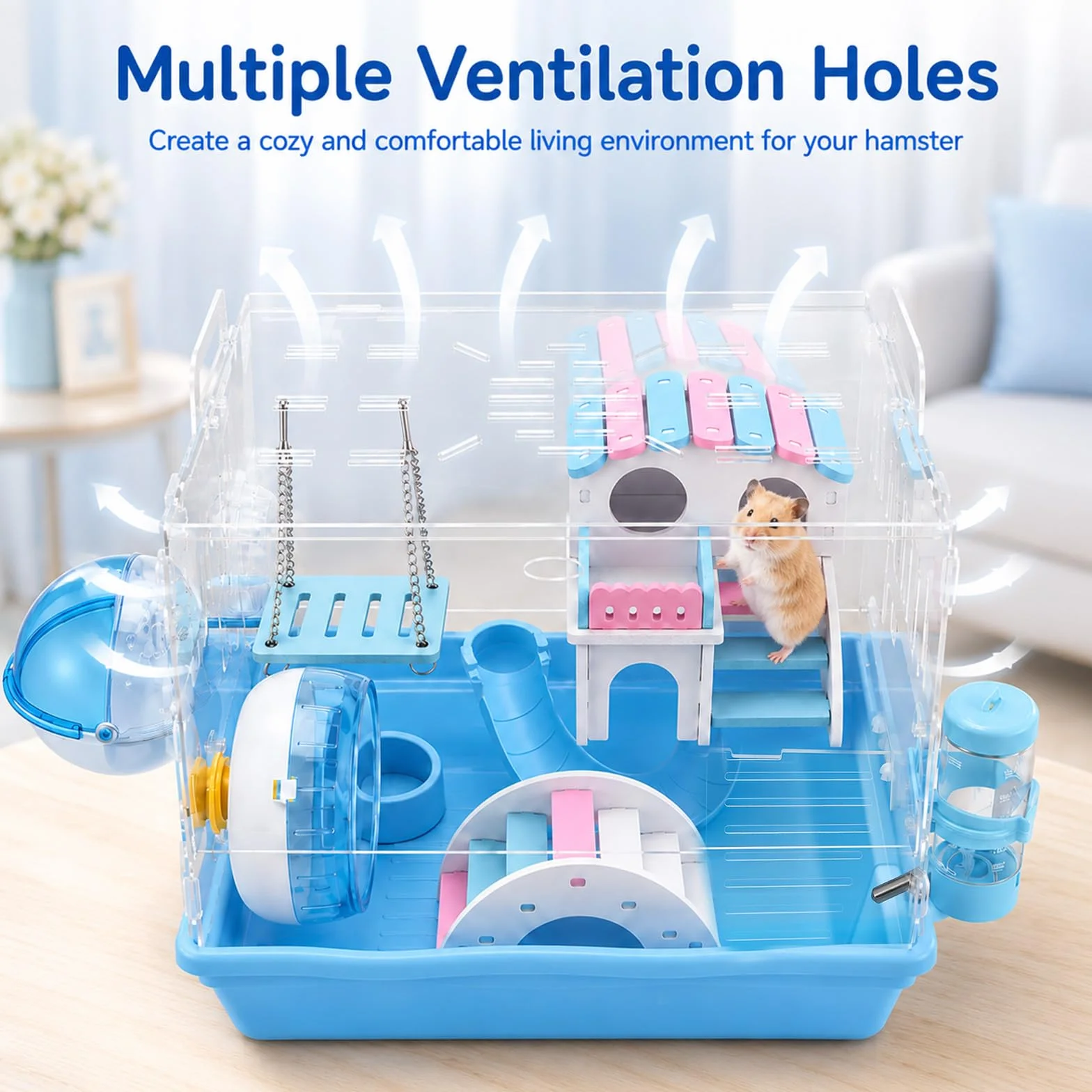 Jaula acrílica para animales pequeños, 2 niveles, con accesorios completos, casa para hámsteres, moderna casa de hámster con puerta ancha y diseño transparente, 37 x 33 x 28 cm para hámsters, ratones