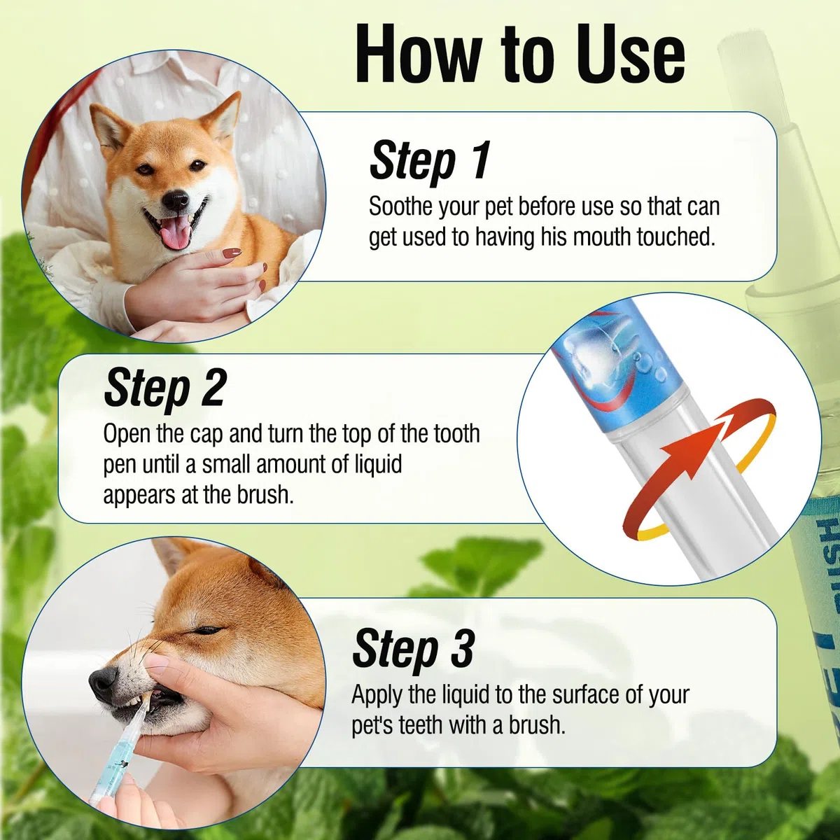 3 bolígrafos para cepillo de dientes para mascotas, bolígrafo iluminador de dientes para perros, mascotas, perros, gatos, limpieza de dientes para cuidado dental, perros, gatos, plantas