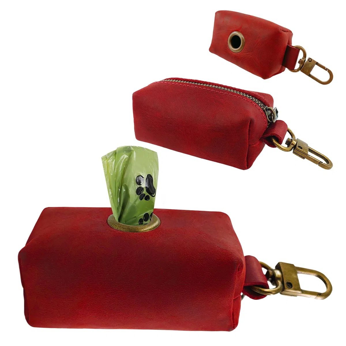 HIFA Soporte de piel auténtica para bolsas de excrementos de perro, soportes para bolsas de excrementos para correas, cuero rústico suave al tacto, clips de metal y fácil acceso a bolsas de basura de