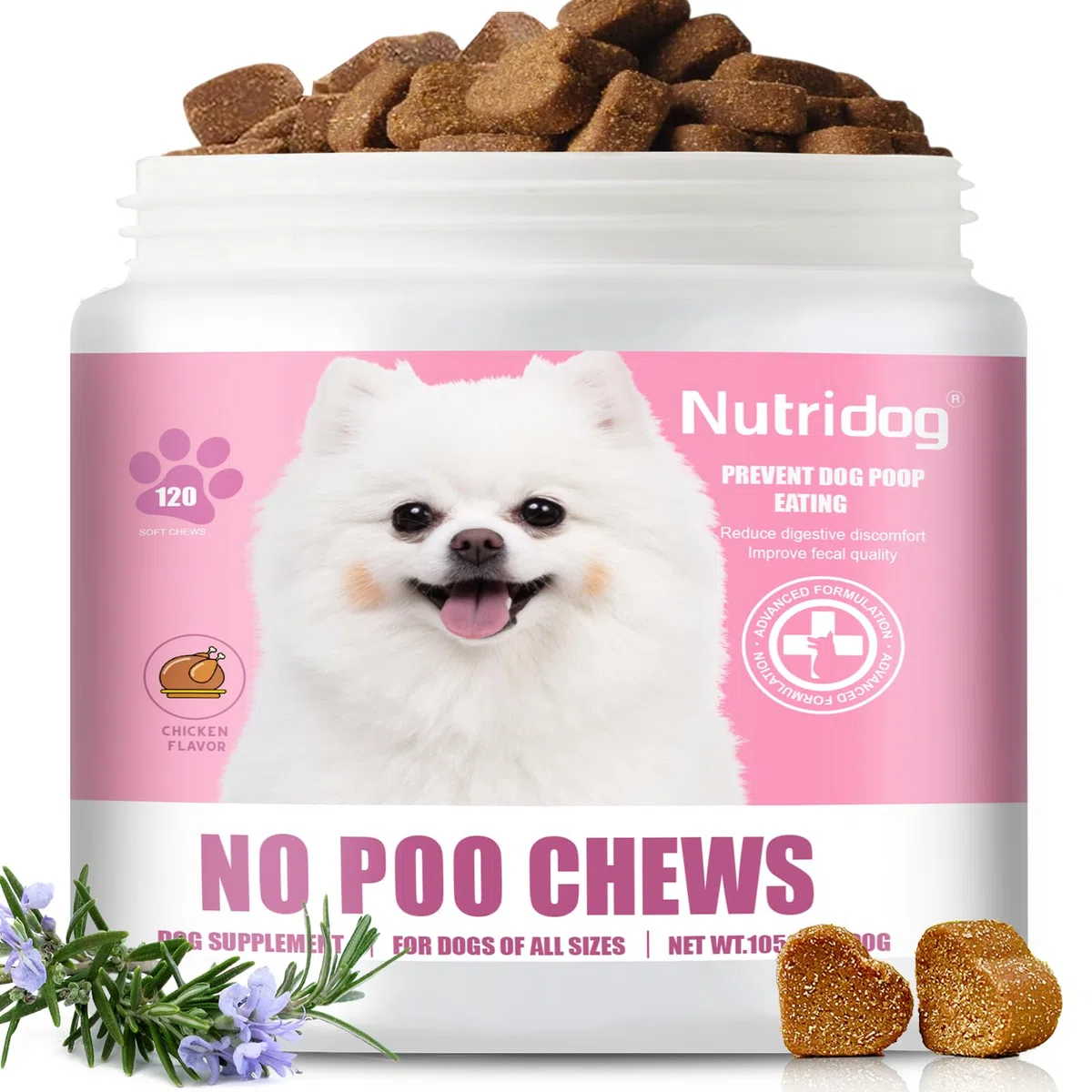 Masticables sin caca para perros, 120 unidades, sabor a pollo, disuasorio para la coprofagia y las heces con probióticos, enzimas digestivas y ayuda para la respiración, deja de comer caca