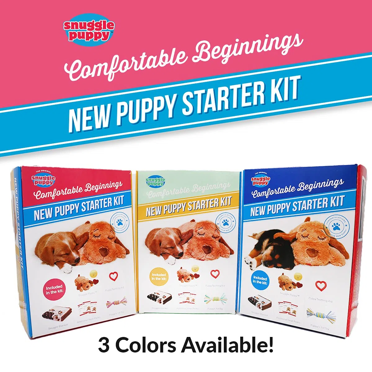 Snuggle Puppy Original Essentials - Kit de iniciación. Juguete para perro con latido del corazón y ayuda calmante con 3 paquetes de calor, juguete de dentición para cachorros, juguete masticable para