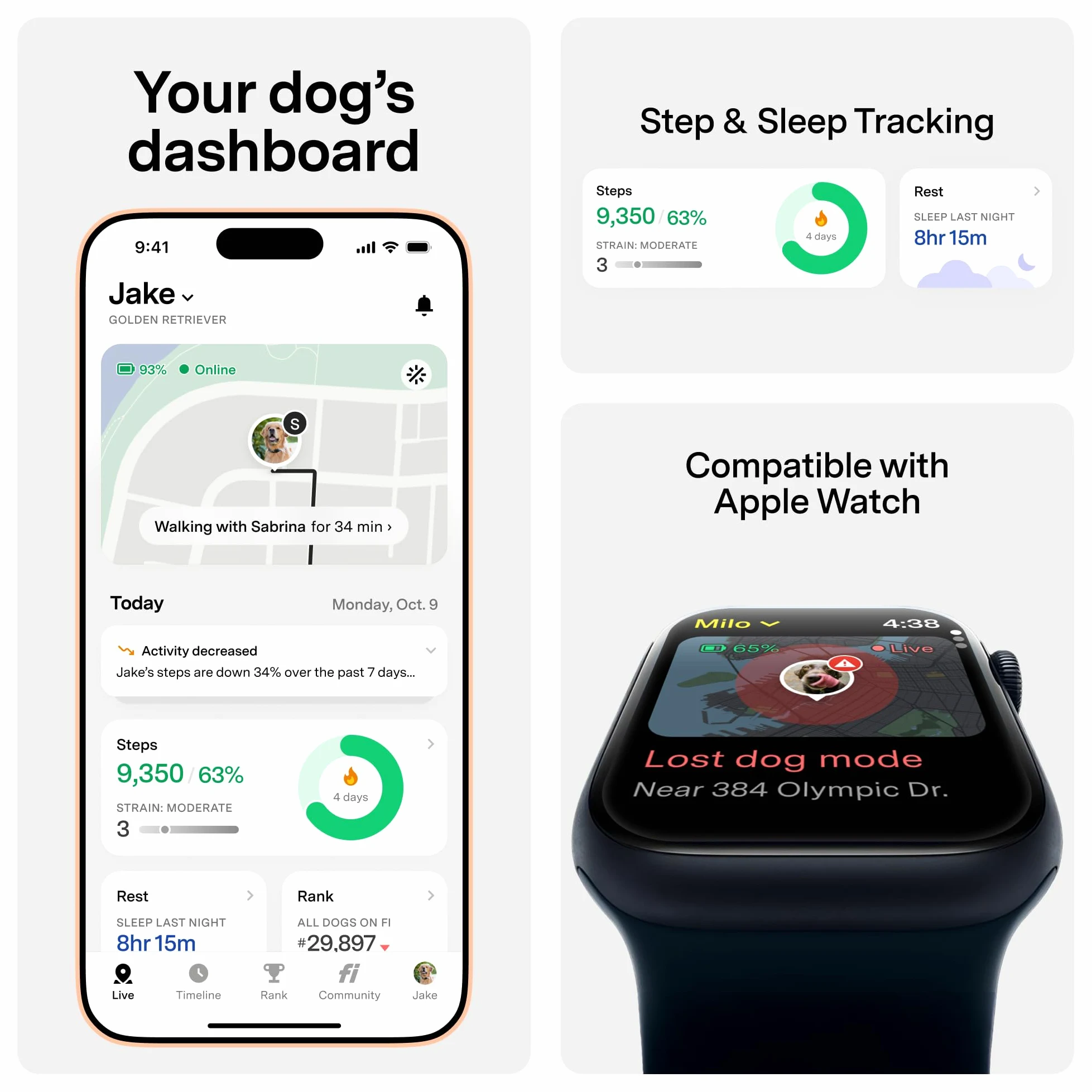 Collar rastreador inteligente para perros de la serie Fi 3+ [Miembrosía de 6 meses incluida] GPS para perros, monitor de salud y comportamiento AI, valla virtual, alertas de escape, resistente al agua