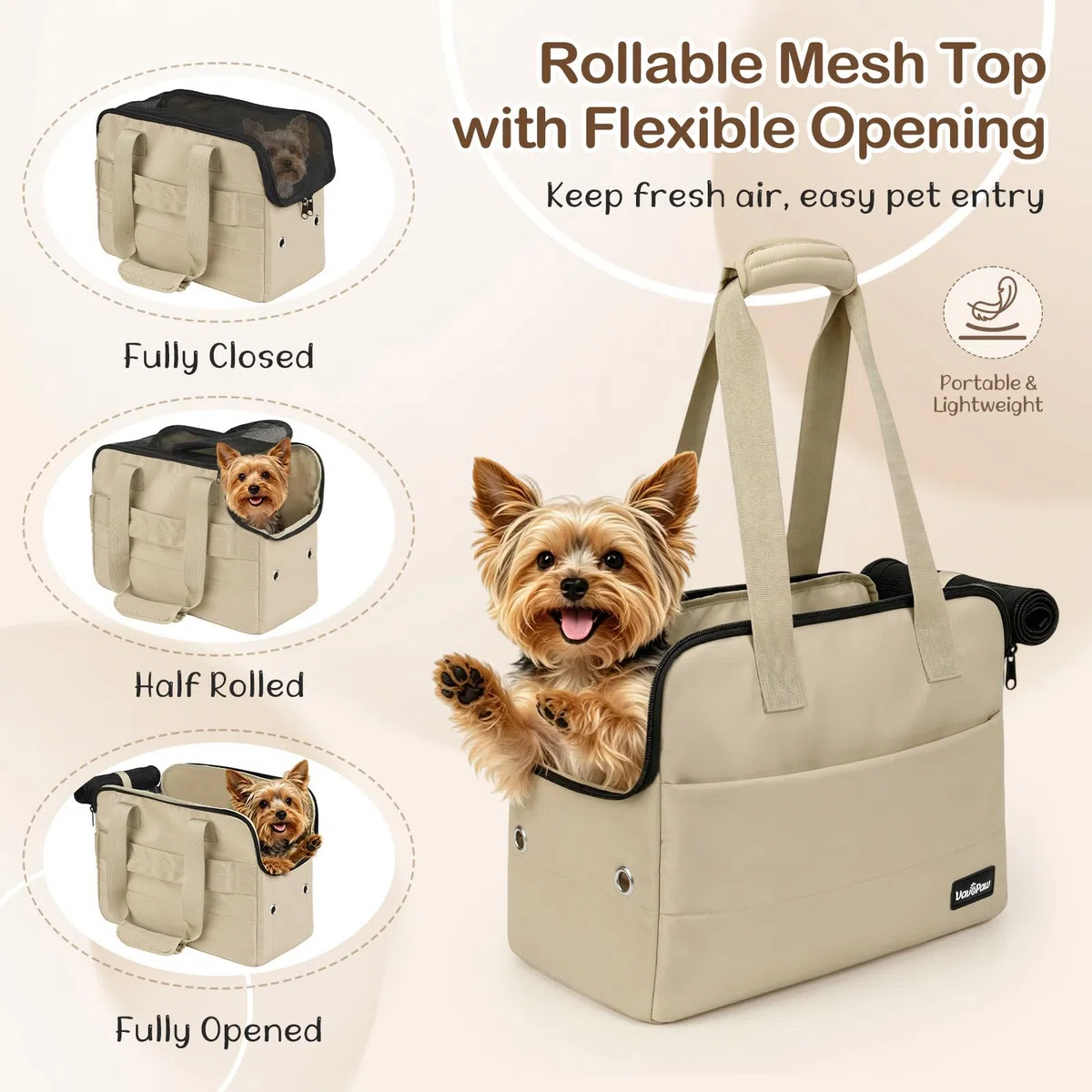 Bolso Transportín para Perros Pequeños, 15" X 11" X 7,9" Transportín De Viaje para Mascotas con Ganchos De Seguridad, Almohadilla De Apoyo Y Múltiples Bolsillos, Transportín Blando para Gatos, Khaki