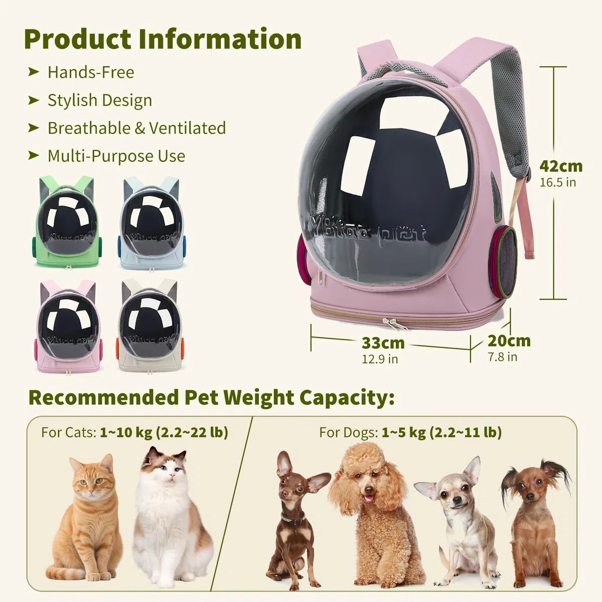 PETCUTE Mochila Transportín Perro,Mochilas para Gatos y Perro,Cápsula Espacial,Bolsa para Mascotas Portátil y Plegable con Correa de Seguridad Interior,Almohadilla Extraíble,para Viajes de Camping