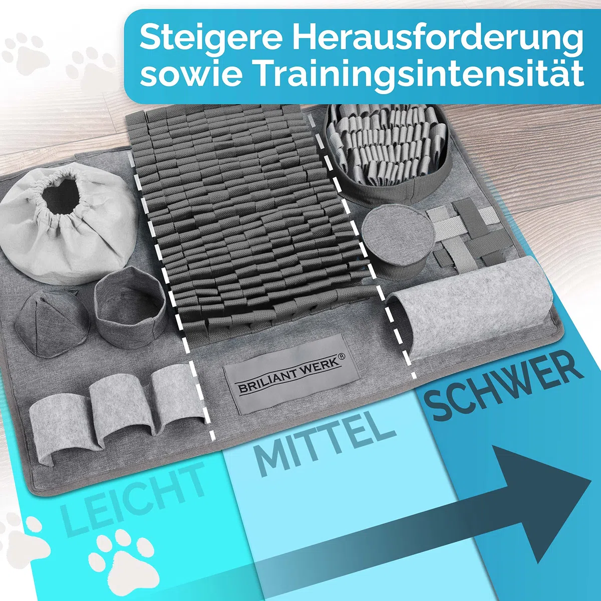Briliantwerk ️ Alfombra para olfatear perro – Material extremadamente resistente – 10 elementos de entrenamiento y 3 niveles de dificultad – El juguete de inteligencia para perros de todos los tamaños