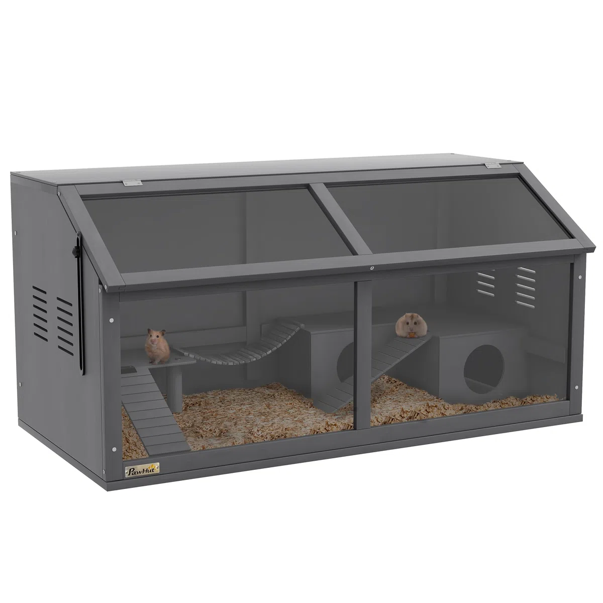 Jaula de Madera para hámster PawHut, caseta para roedores de 100 cm, casita para Animales pequeños, casita de Juegos con Puente Colgante, escaleras, Techo practicable, caseta, Gris Oscuro