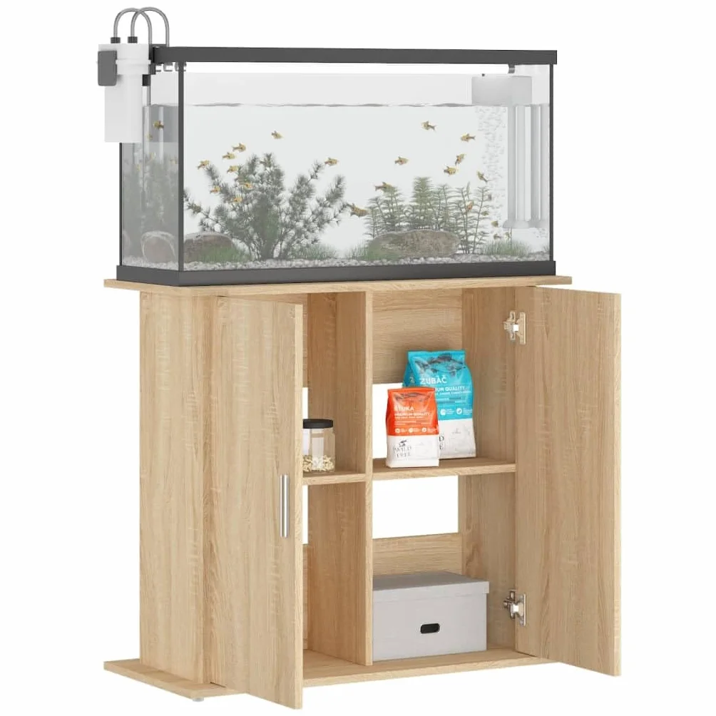 Soporte para acuario, roble Sonoma, material de madera, 81 x 36 x 73 cm, armario inferior estable con puertas y compartimentos, como estructura de muebles para peces, almacenamiento y