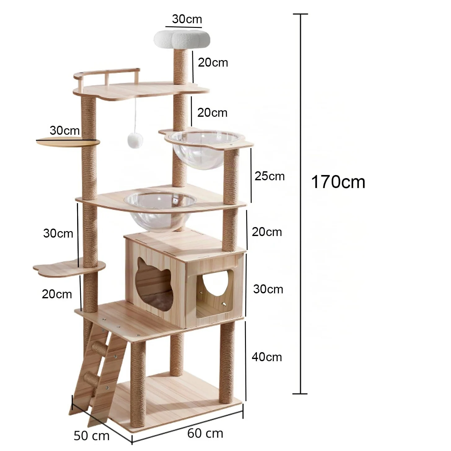 Árbol para Gatos de 170 cm para Adultos Grandes en Interiores, Torre de árbol para Gatos con condominio, escaleras, 2 Cuencos, 14 Postes rascadores de sisal, Percha Superior, con Cama de