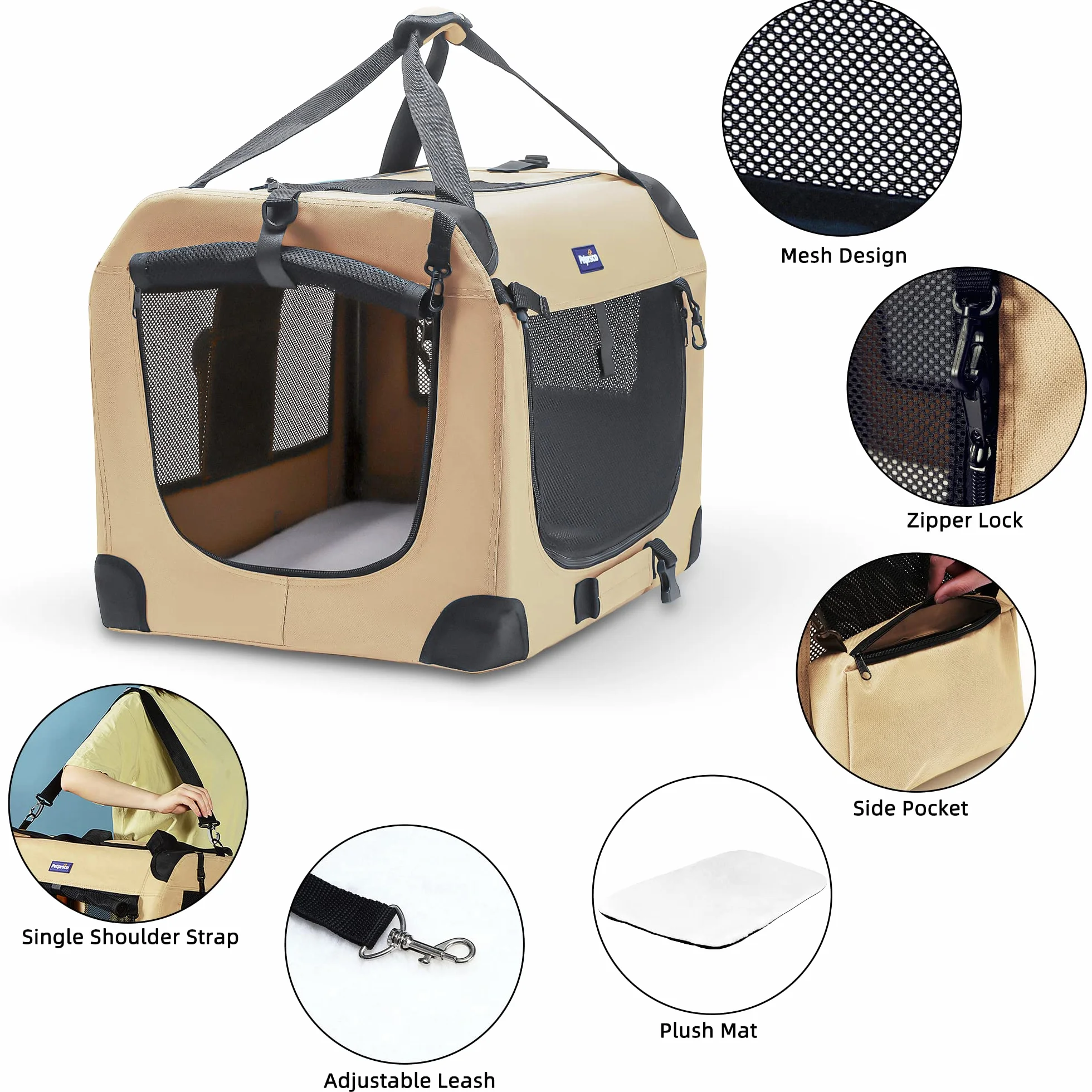 Petprsco Transportín para Mascotas, Lado Suave, para Gatos, Perros pequeños, 3 Puertas, Suave, Plegable, con Correas para Gatos, Cachorros, Viajes, Plegable, cómodo, diseño portátil