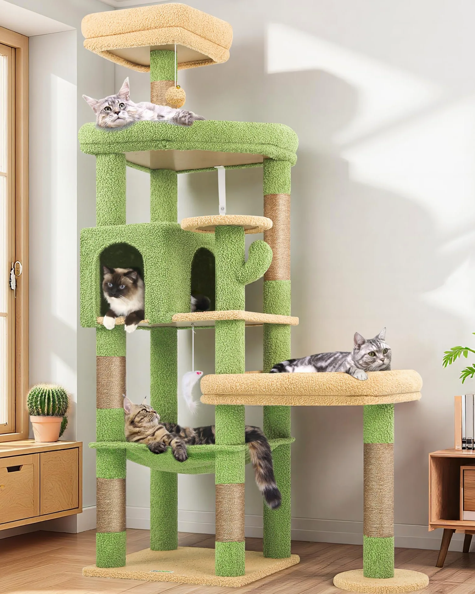 Globlazer Árbol Rascador Cactus Verde para Grande Gatos Alto 165cm con 2 Grande Plataforma 48 * 42CM, Extragrande Hamaca, Nido, Percha, Árbol Rascador con Apoyo Estable para Gatos Adulto (S65, Verde)