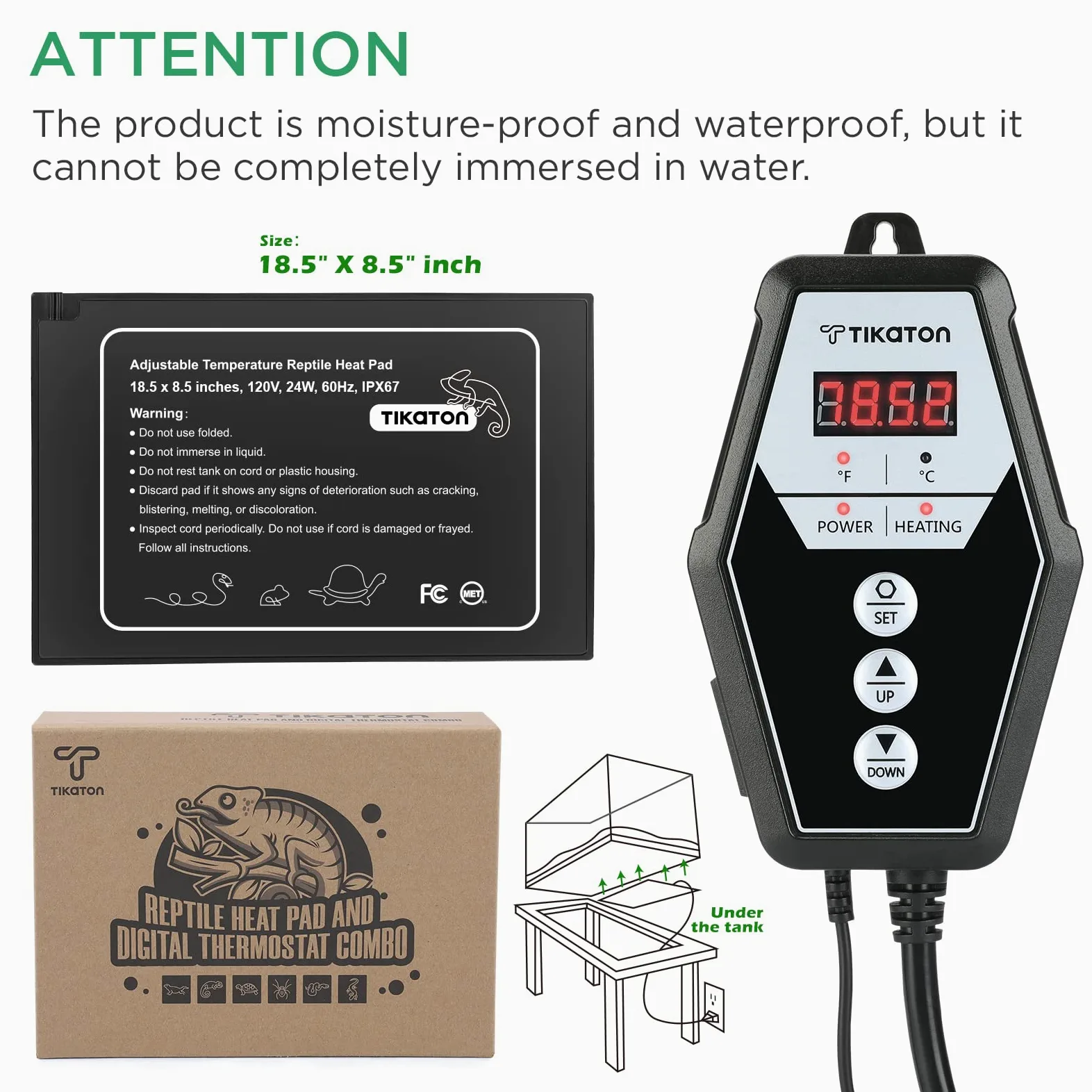 Tikaton Juego Combinado De Almohadilla De Calefacción Para Reptiles Y Termostato Digital, Calentador Debajo Del Tanque Para Tanque De 10-20 Gal/30-40 Gal, Alfombrilla De Calor Para Terrario Para Tortu