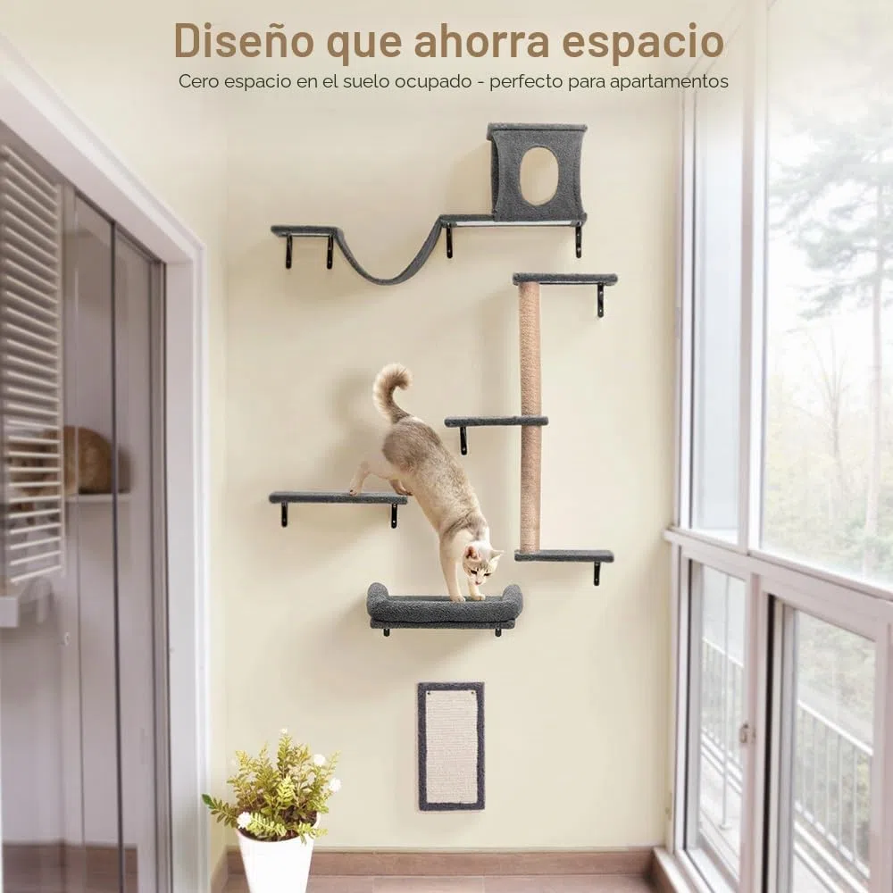 PawGiant Estantes 5 en 1 para gatos, juego de muebles de pared de madera para escalar gatos, con estante montado en la pared, postes rascadores de árbol para gatos y rascador para gatos de interior