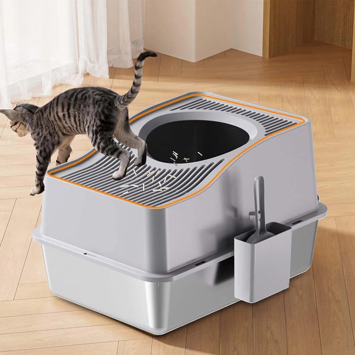 Garvee Arenero para Gatos de Acero Inoxidable Cerrado, Inodoro para Gatos antiolores Grande con Tapa y Plataforma filtradora de Arena, con Borde Alto de 15 cm y Pala, fácil de Limpiar, 60 x 40 x 34,5