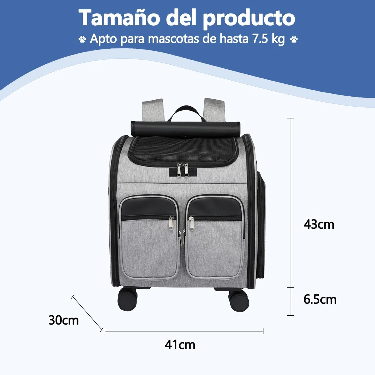 Galatée Mochila para Perros con Ruedas Extraíbles, Bolsa De Viaje para Perros Aprobada por Aerolíneas, Carriola Plegable para Mascotas con Ventanas De Malla para Ventilación(Gris)