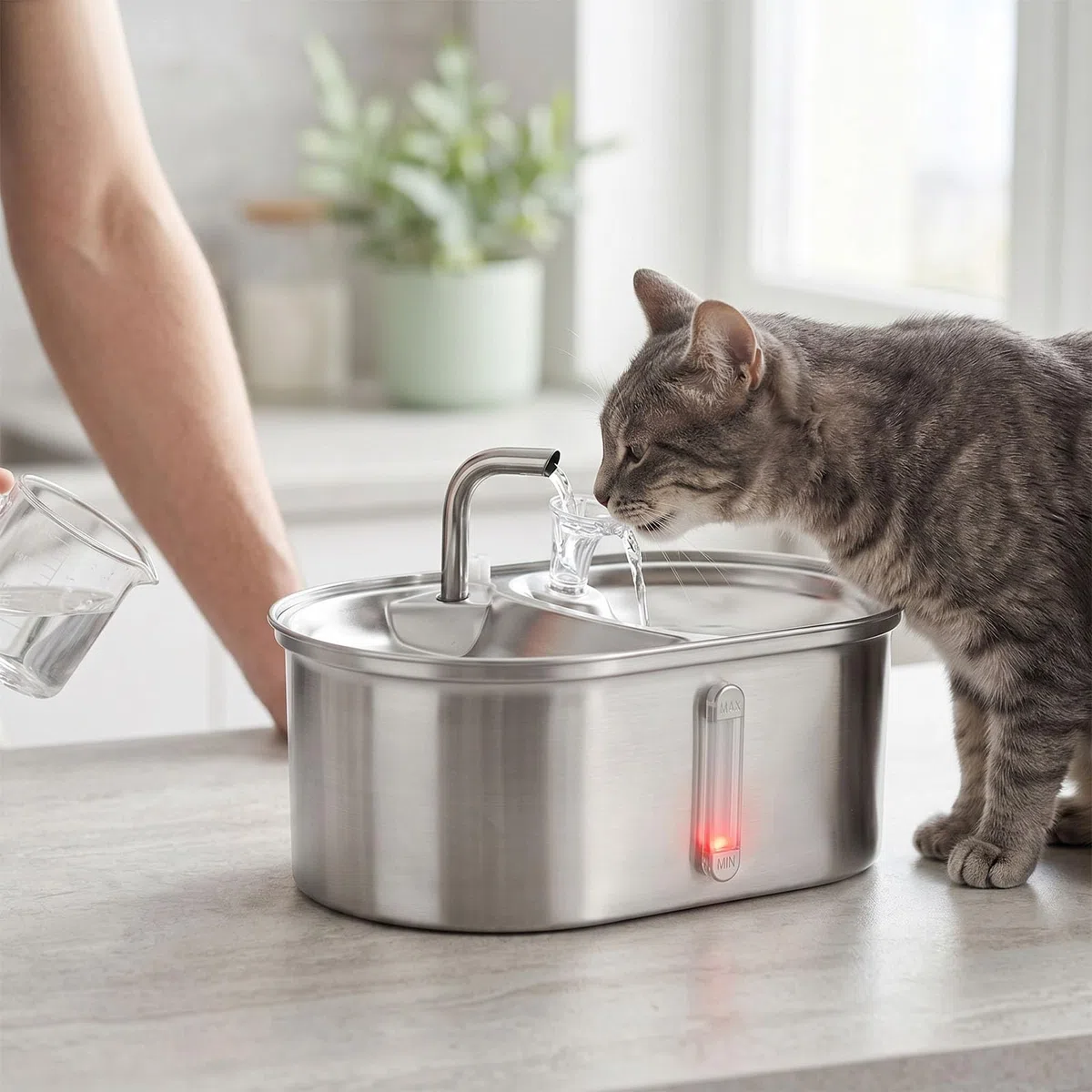 Fuente de Agua para Gatos, 2 en 1, Dispensador de Agua Automático de Acero Inoxidable de 3 litros, Diseño Elevado, Alimentador de Alimentos para Mascotas con Bomba Silenciosa y Diseño de