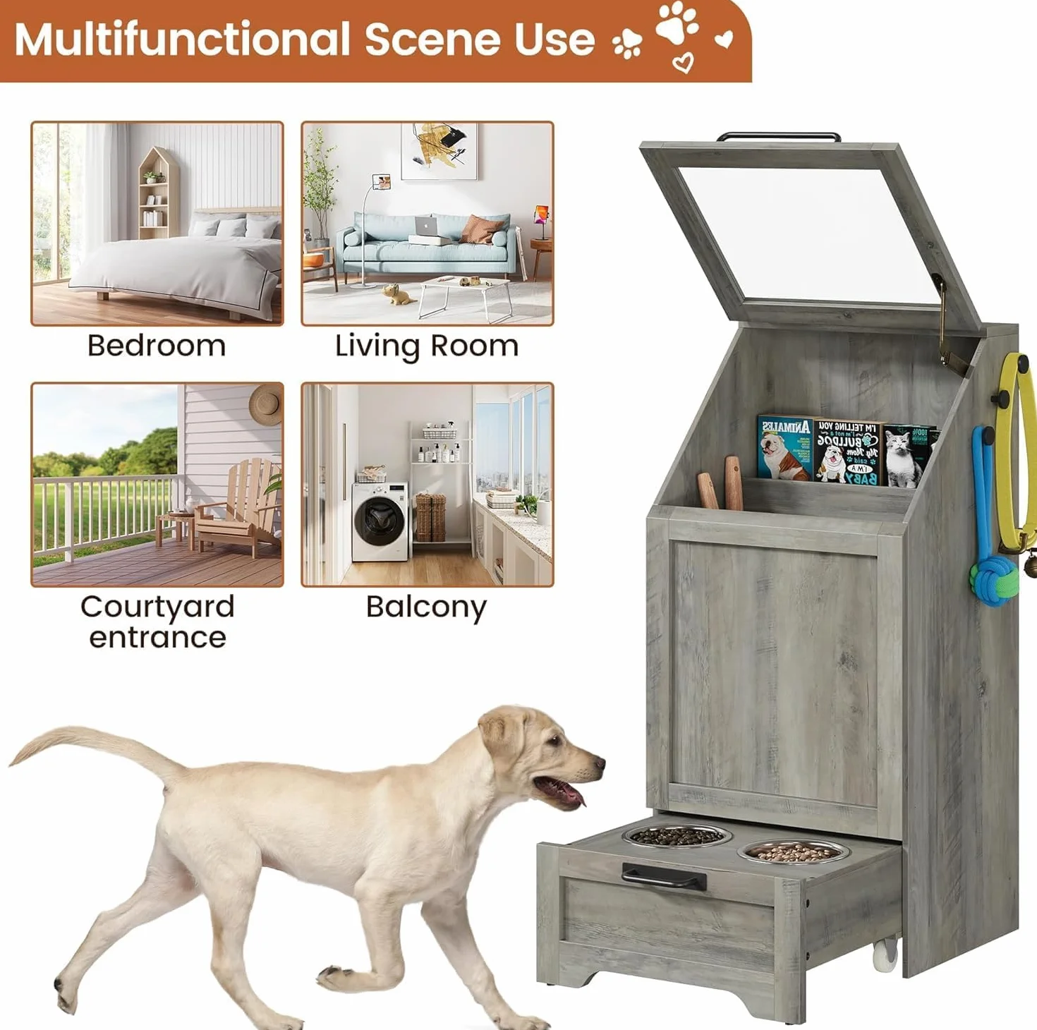 IDEALHOUSE Estación De Alimentación para Perros con Armario De Almacenamiento 11kg - Cuencos Elevados De Acero Inoxidable y Depósito Hermético con Tapa Abatible - Madera para Salón o Cocina (Gris)