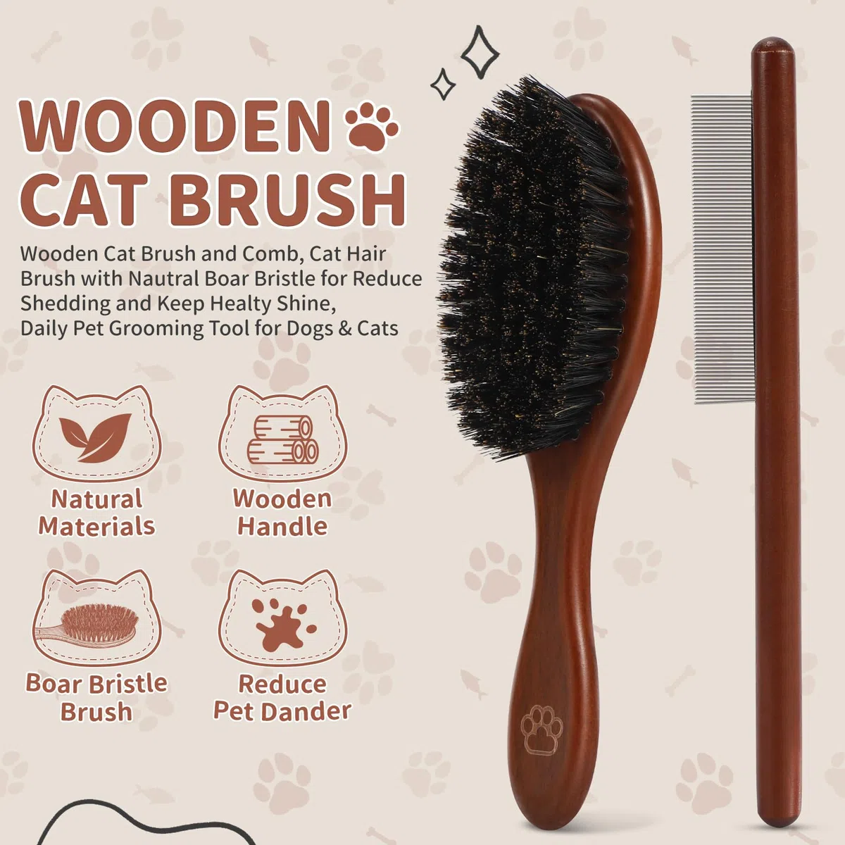 Cepillo y peine de madera para gatos, cepillo de pelo de gato con cerdas de jabalí náutrales para reducir el desprendimiento y mantener el brillo saludable, herramienta diaria de aseo de
