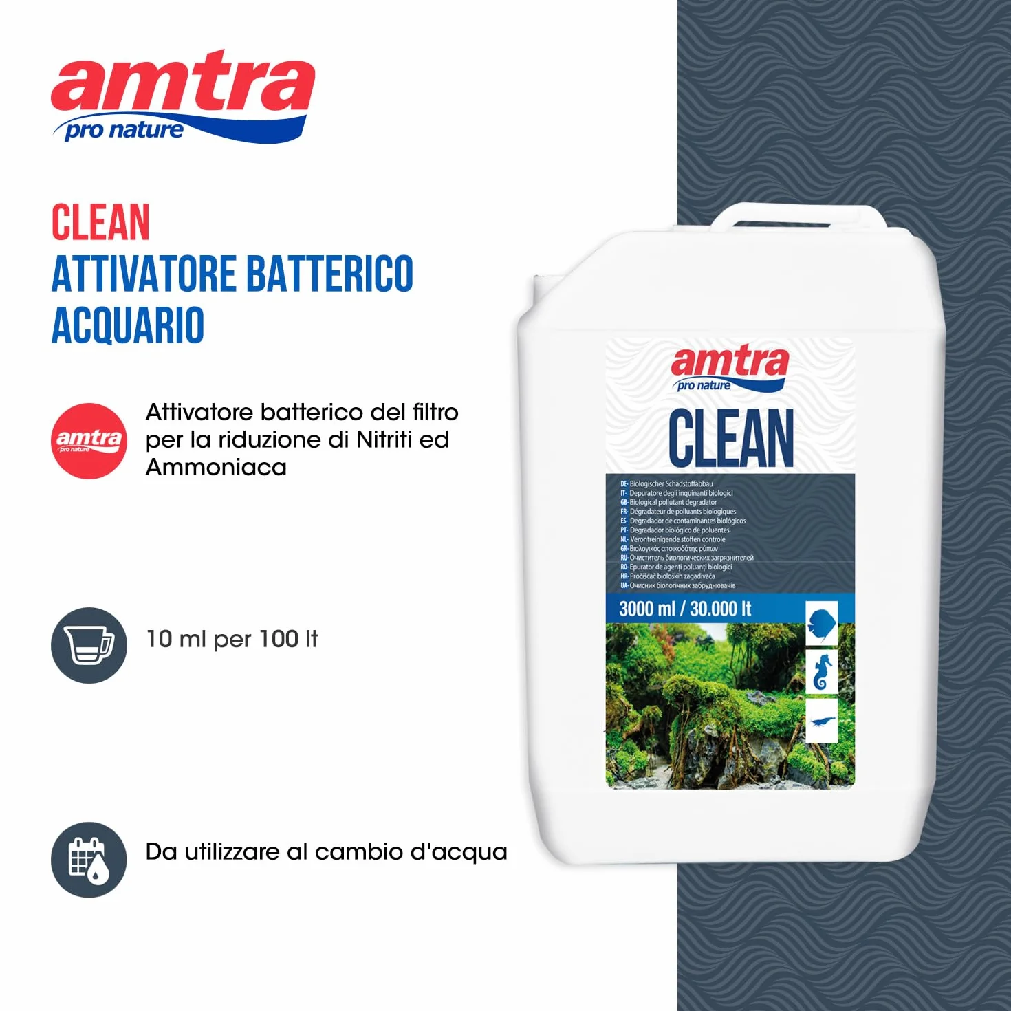Amtra Clean - Purificador De Agua Natural Para Acuarios, Tratamiento De Agua Natural Para Acuarios, Reduce Los Cambios De Agua, Formato 3000 Ml