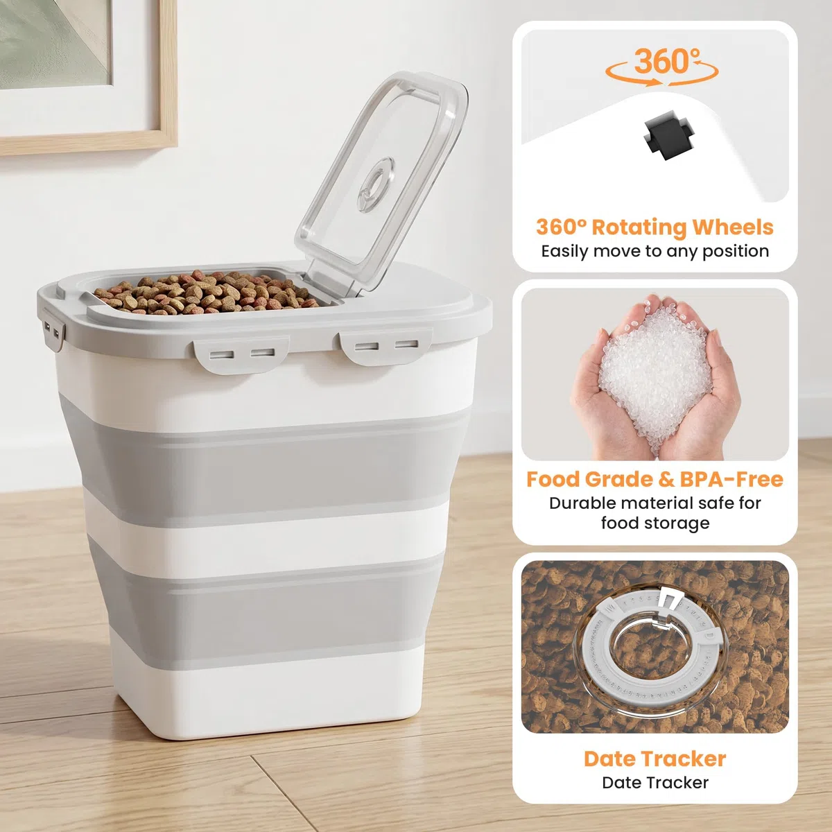 Contenedor de almacenamiento de alimentos para perros de 35 a 40 libras, contenedor plegable para alimentos para mascotas con tapas herméticas, ruedas desmontables, cuchara y 2 recipientes de