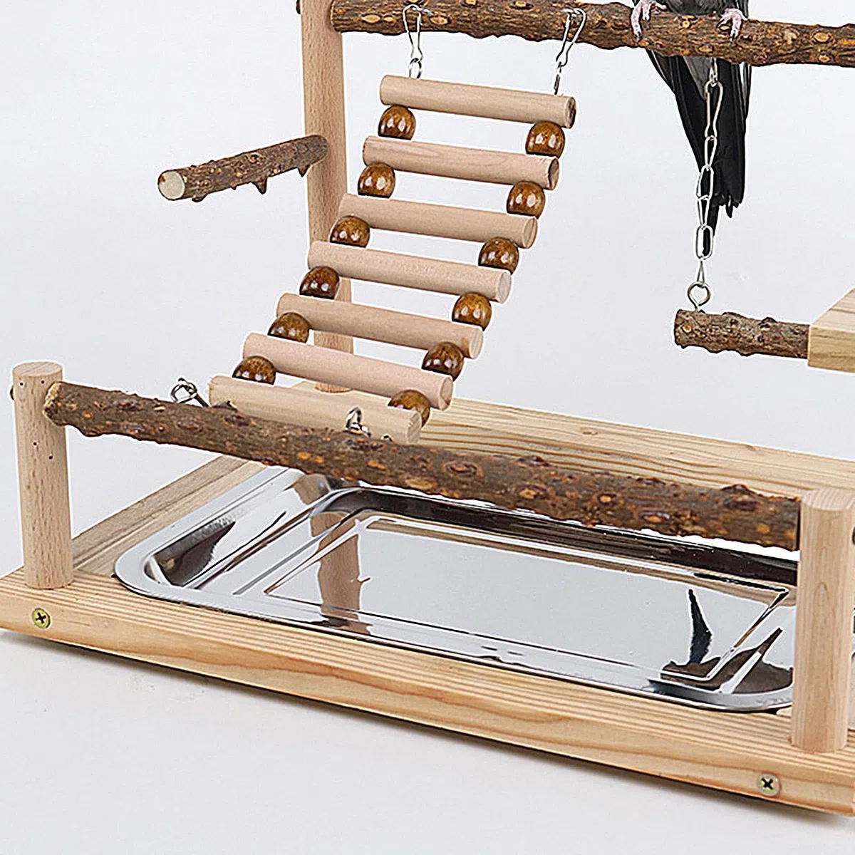 Parque de Juegos para Aves Parque de Juego de Madera | Soporte De Perchas Para Aves Con Tazón Y Bandeja De Acero Inoxidable para Entrenamiento, Ejercicio, Escalada, Masticación de