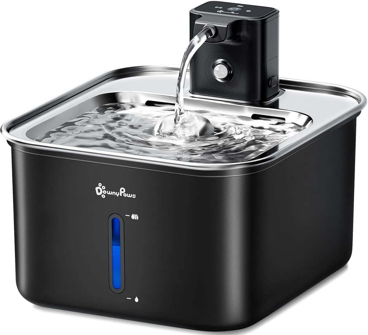 DownyPaws Fuente para Gatos sin Cable Inoxidable 3L, Bomba Silenciosa Negro | Bebedero Gatos con Sensor de Movimiento, Fuente Agua Gatos Inalámbrica, Batería de 4000 mAh, Apta para Lavavajillas