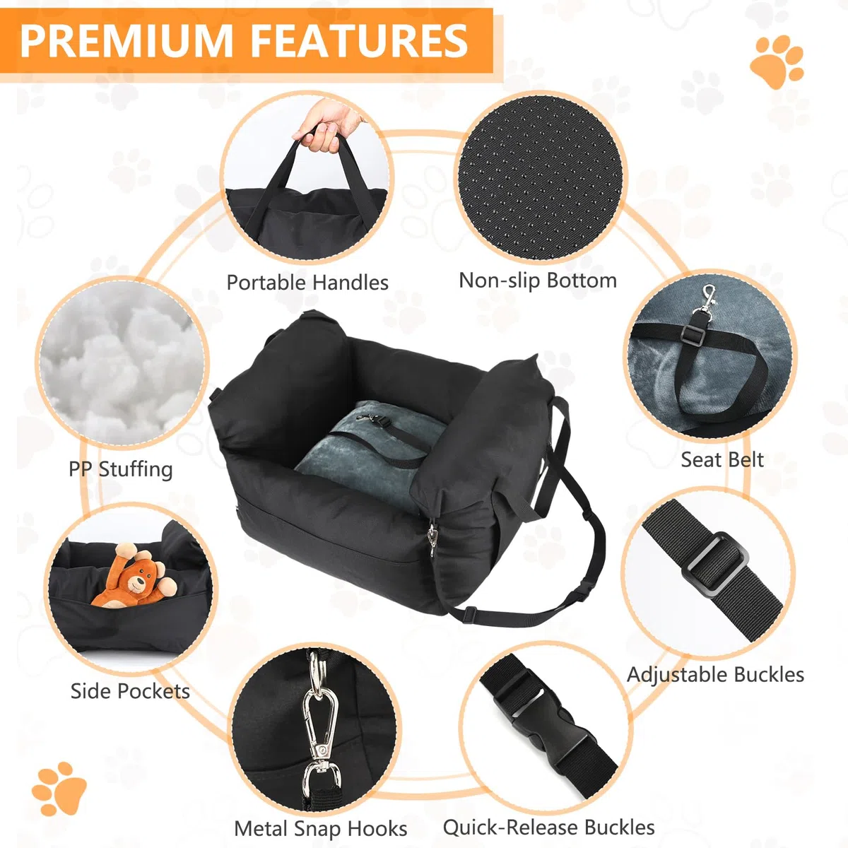 Avmvnvc Asiento Perro Coche Pequeño, Cama Perro Coche Portátil 2-in-1, Asientos Elevadores de Coche para Perros con Cojín Desmontable y Lavable, Correa de Seguridad y Bolsillos Laterales, Negro