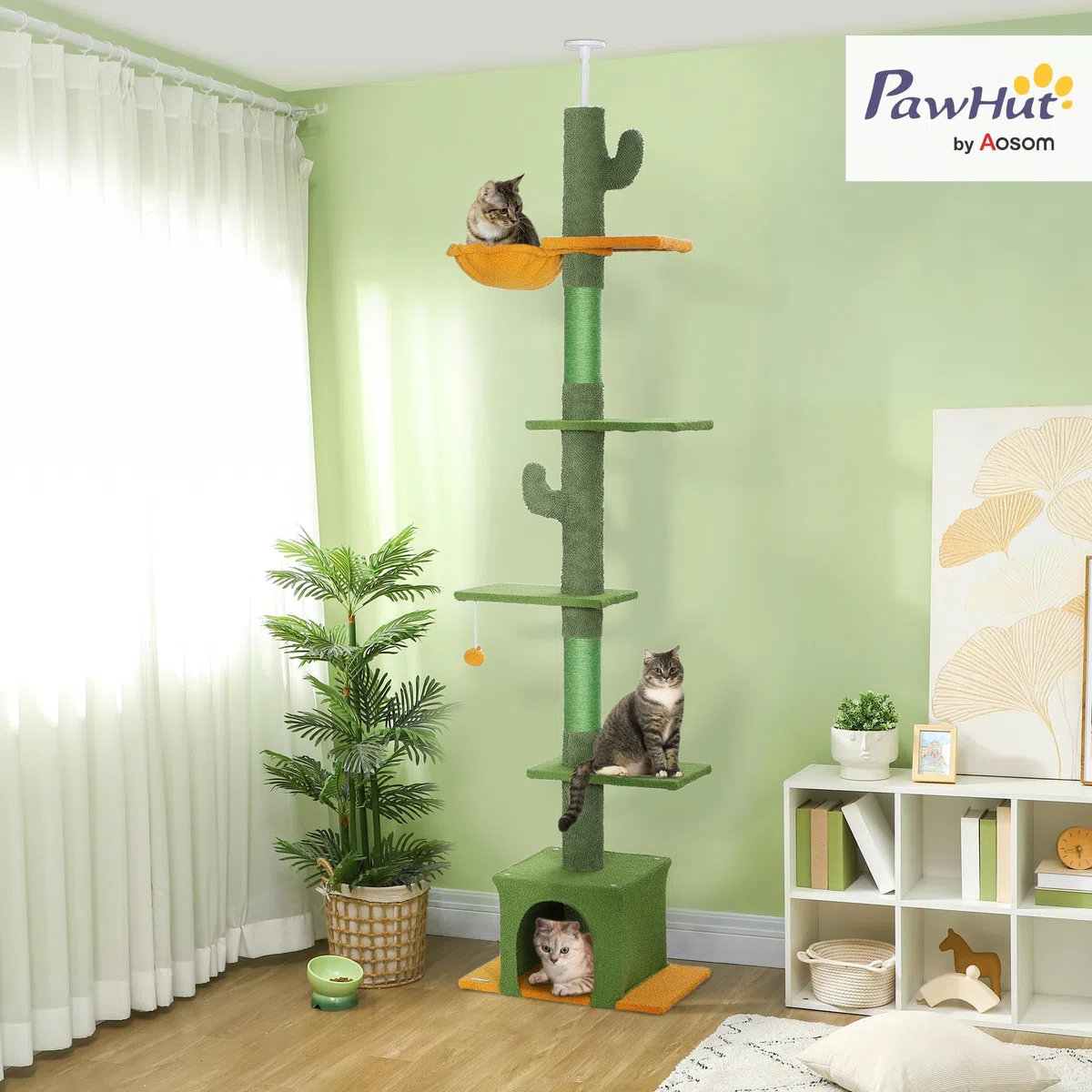 PawHut Árbol para Gatos de Suelo a Techo de 230-275 cm Torre Verde | Altura Ajustable, Plataformas, Cueva, Hamaca, Postes de Sisal, Bola de Juguete