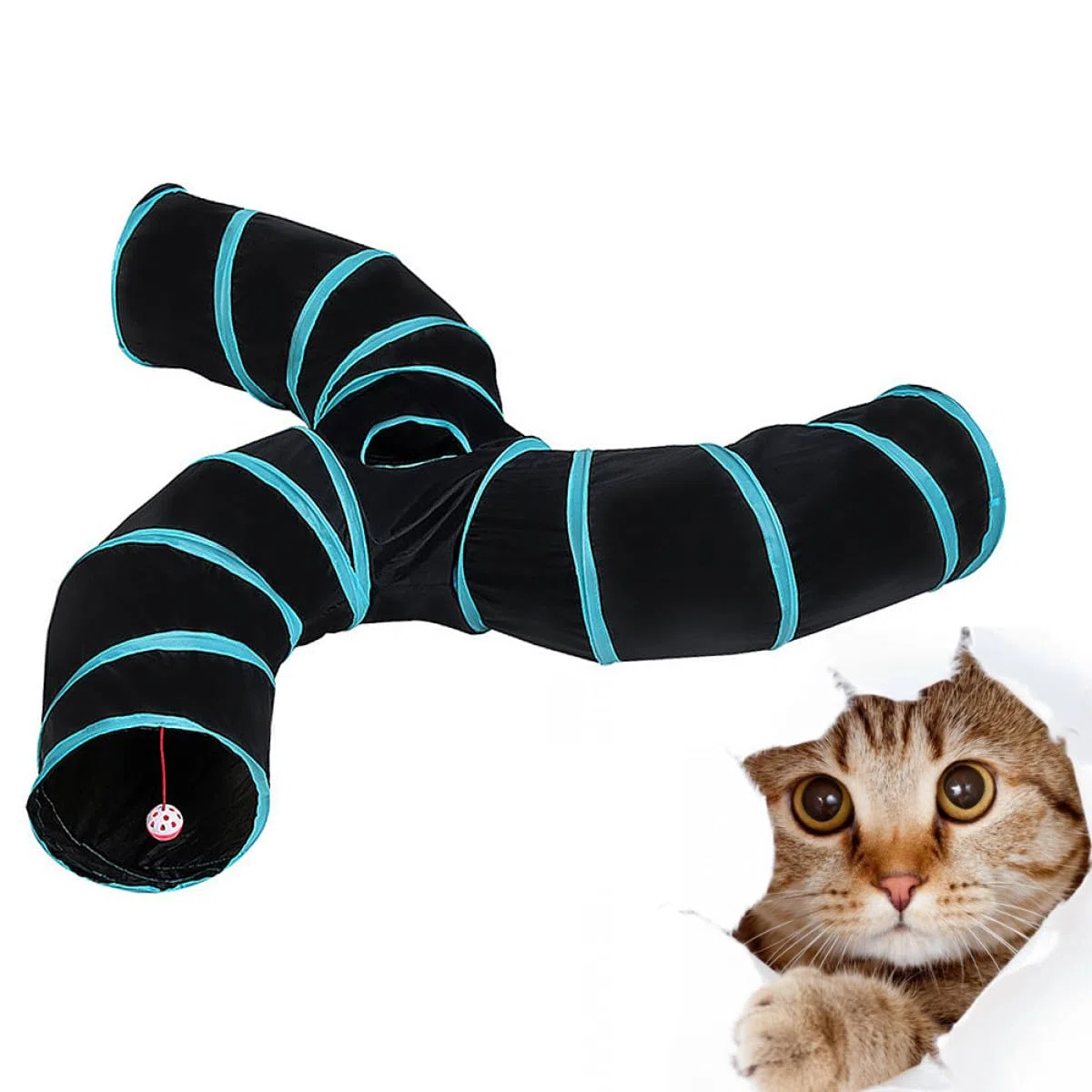Happyyami Juguete para Gatos Túnel S Tipo Tres Caminos de Poliéster Negro, Interactivo y Divertido para Jugar y Entretener a Tu Mascota en Casa